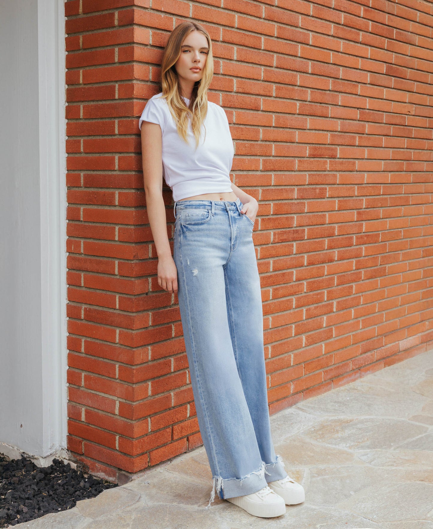 editorial image of Four Walls - Super High Rise Cuffed Wide Leg Jeans