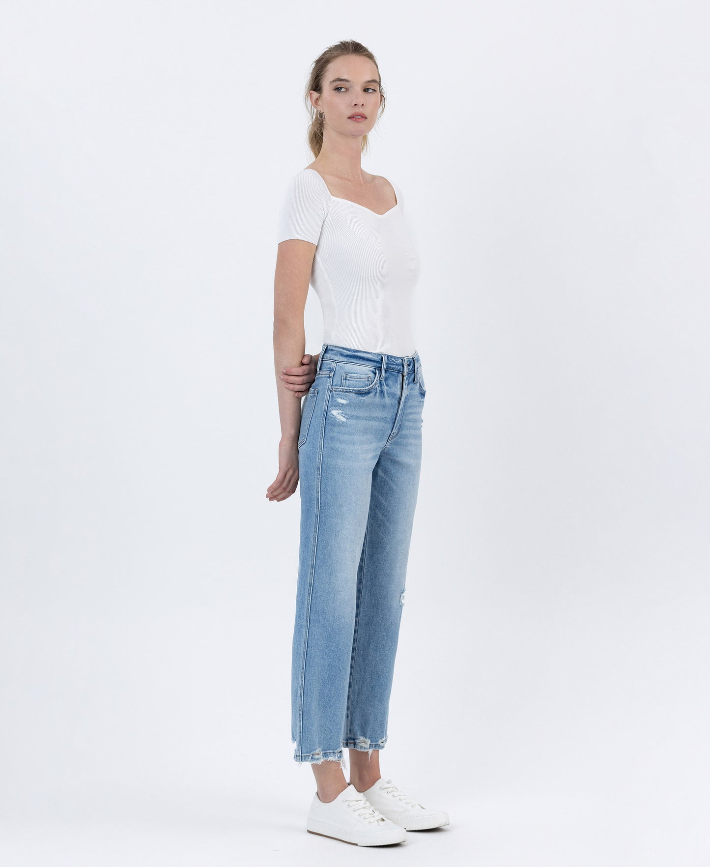 Right 45 degrees product image of Boatload - High Rise Distressed Hem Crop Straight Jeans