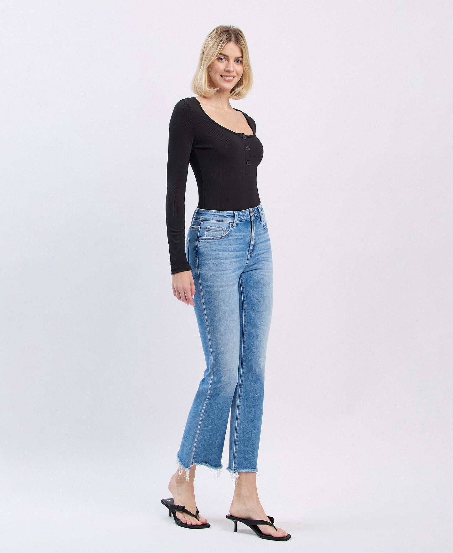 Right 45 degrees product image of Cedar Lane - High Rise Slant Raw Hem Crop Flare Jeans