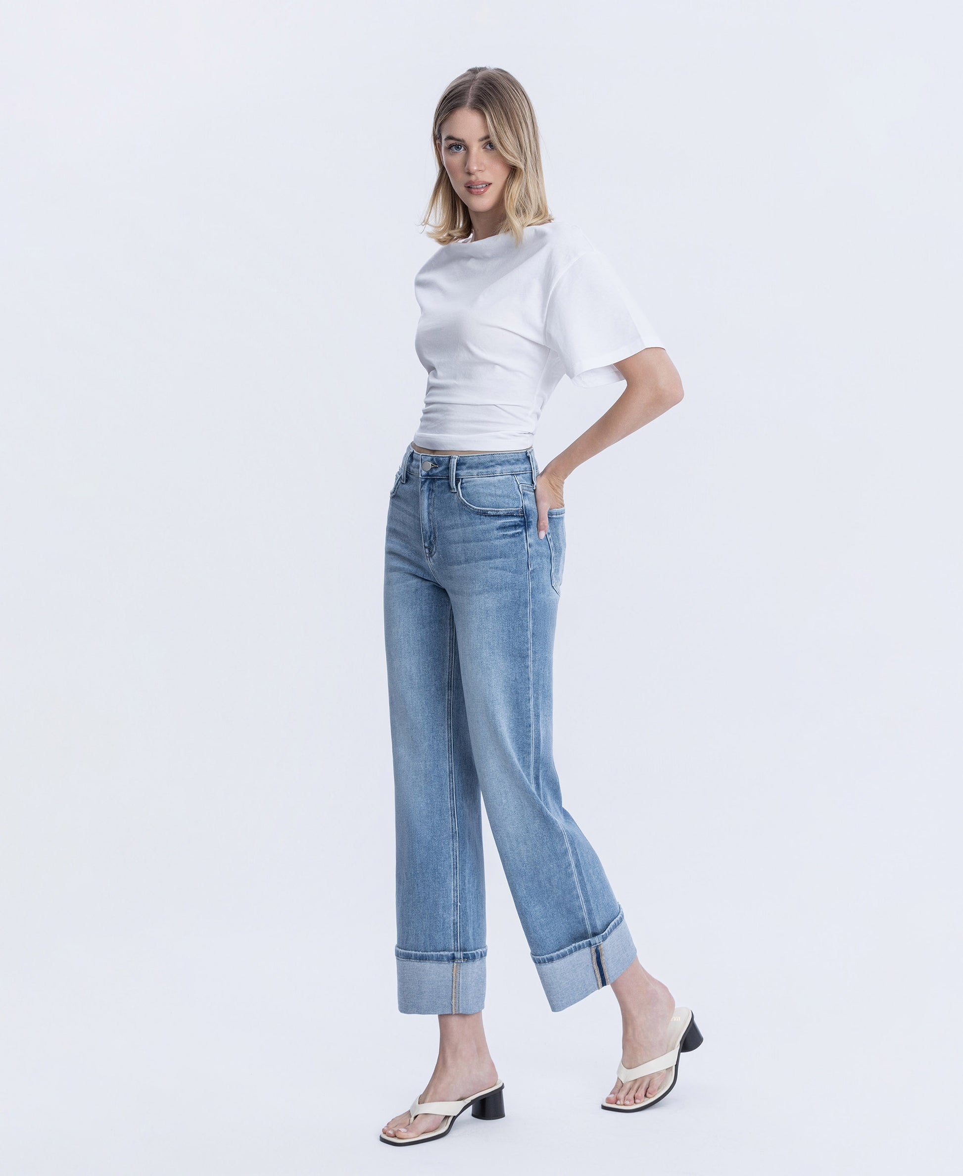 Left 45 degrees product image of Elan - High Rise Cuffed Slim Wide Leg Jeans
