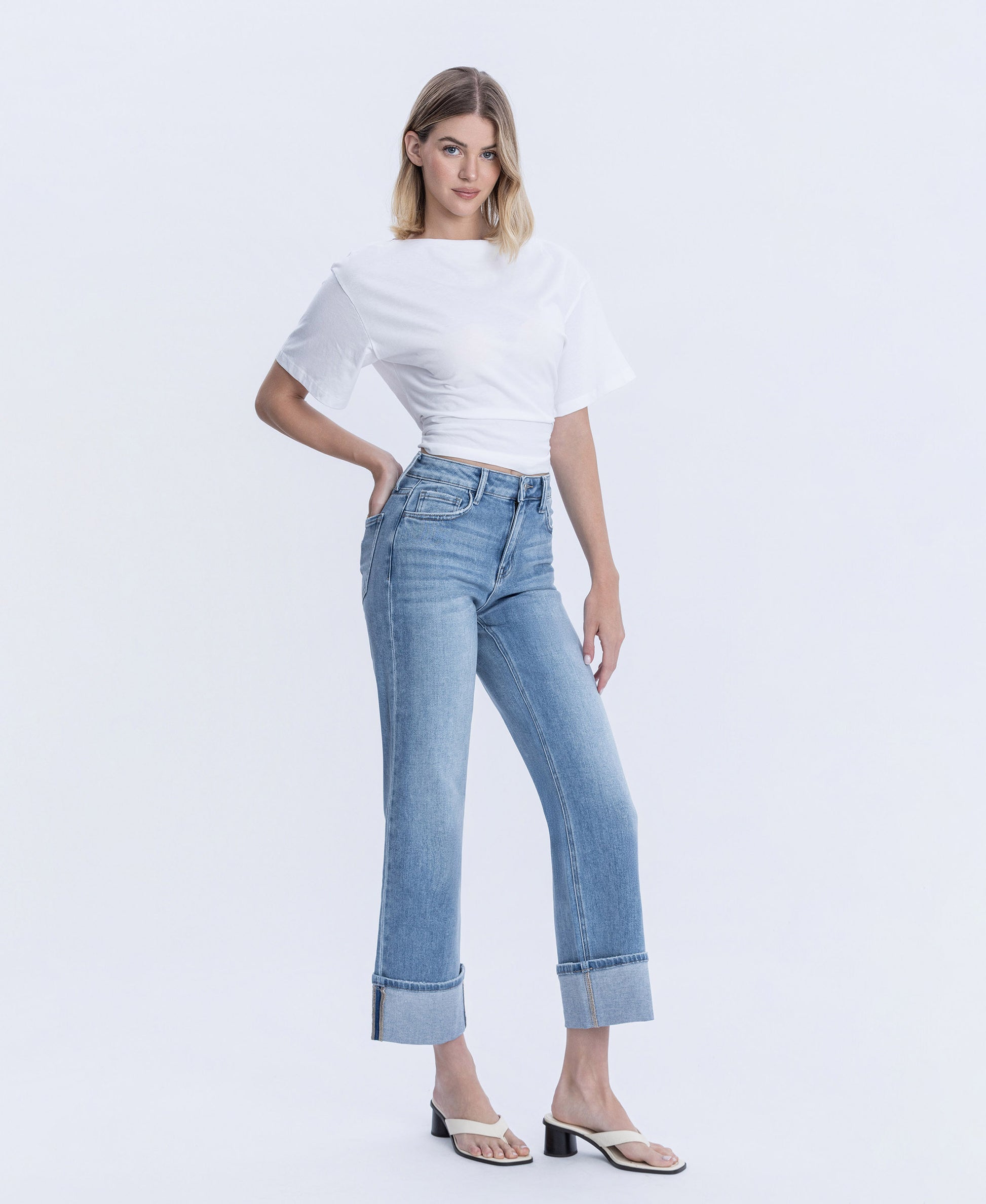 Right side product images of Elan - High Rise Cuffed Slim Wide Leg Jeans