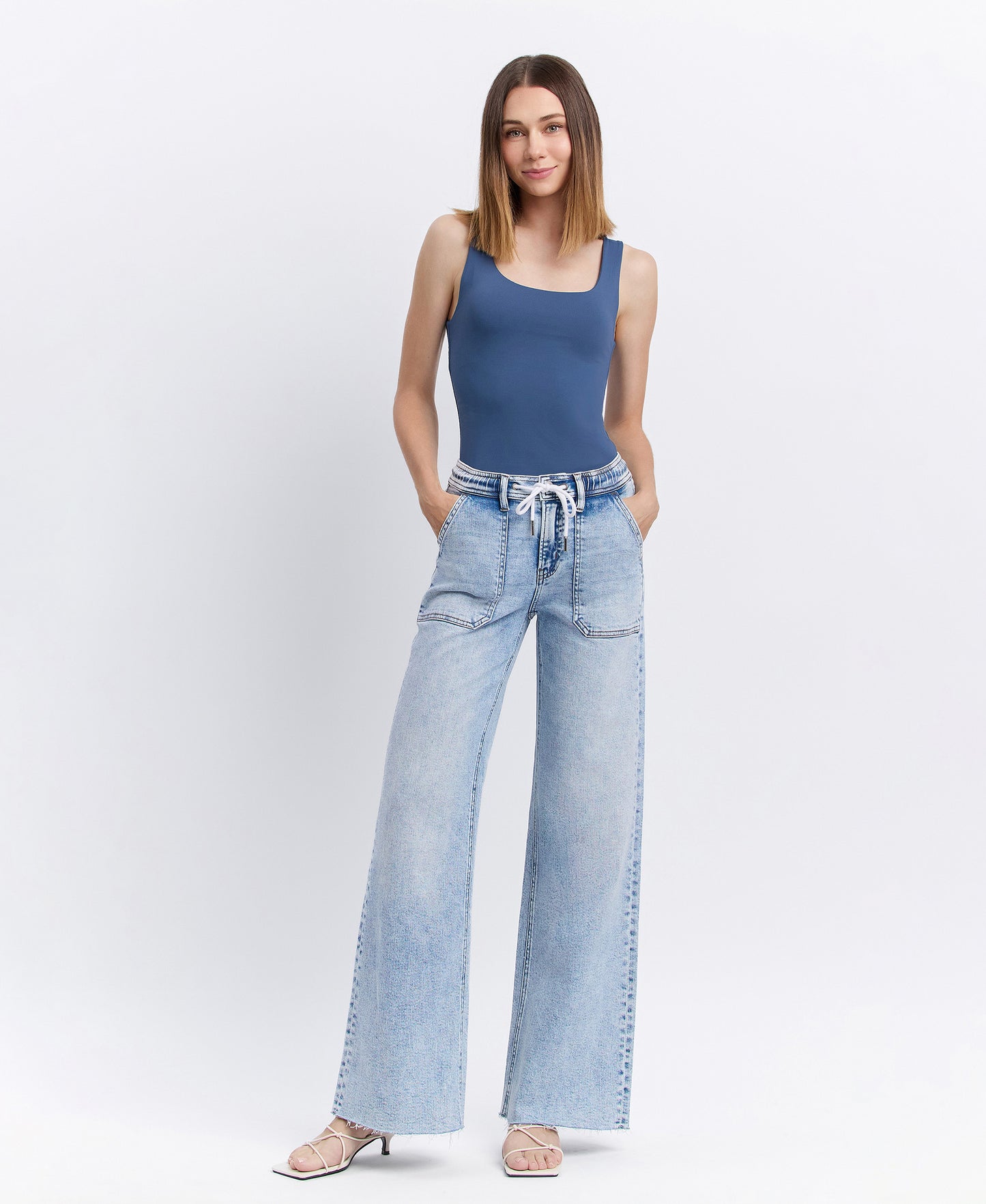 Front product images of Clearly - High Rise Drawstring Waistband Wide Leg Jeans