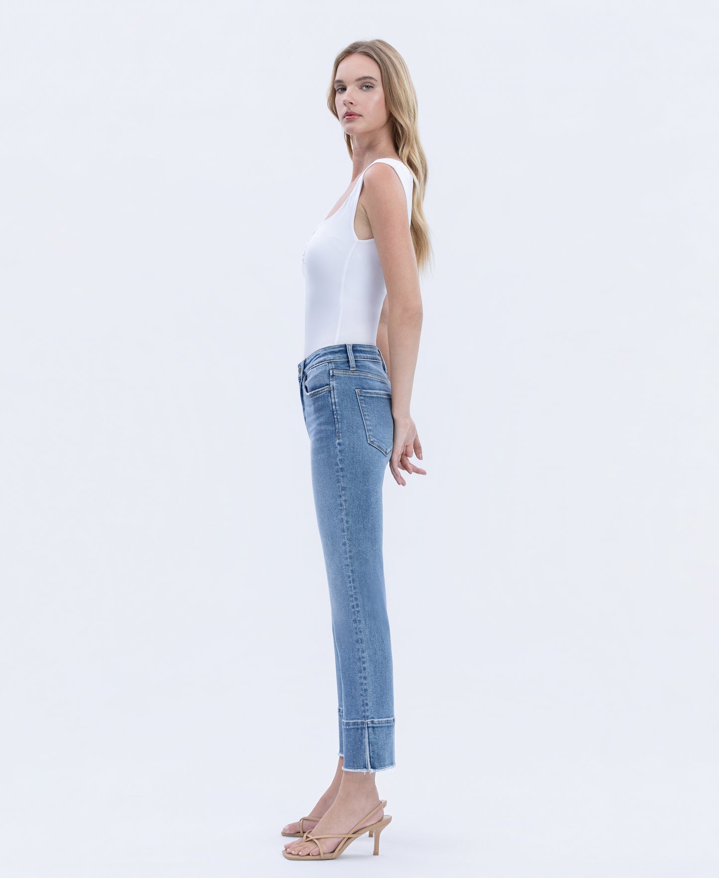 Left side product images of Urbane - High Rise Trouser Slit Hem Kick Flare Jeans