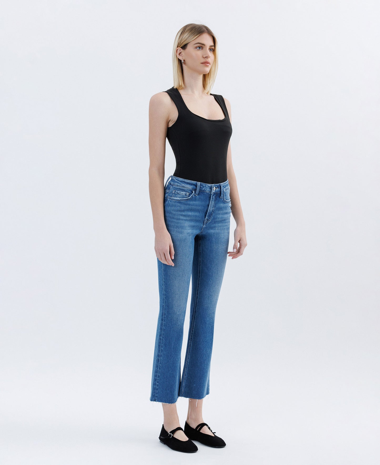 Right 45 degrees product image of Vibrantly - High Rise Raw Hem Bootcut Jeans