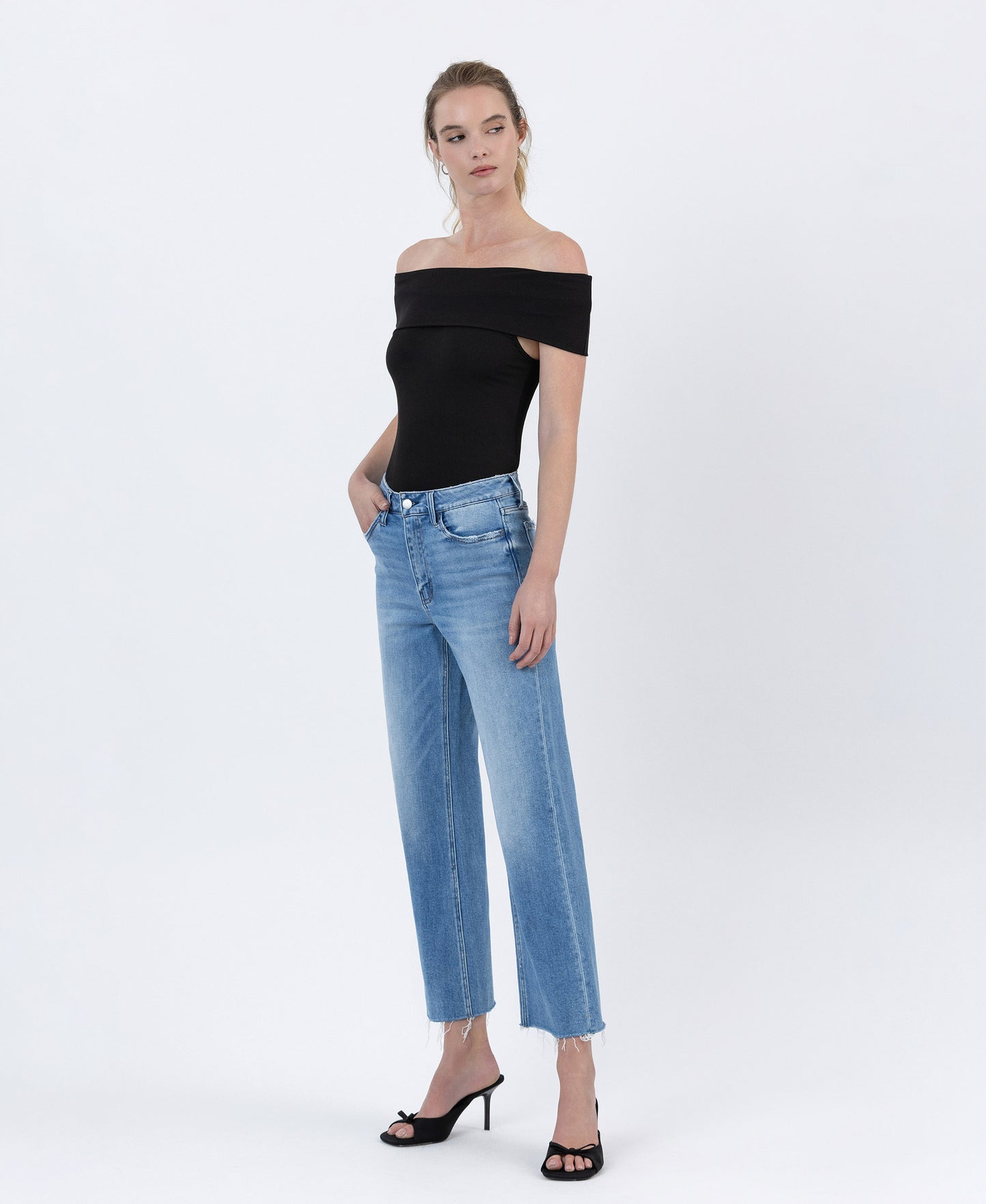 Left 45 degrees product image of Well Balanced - High Rise Raw Hem Crop Slim Wide Leg Jeans