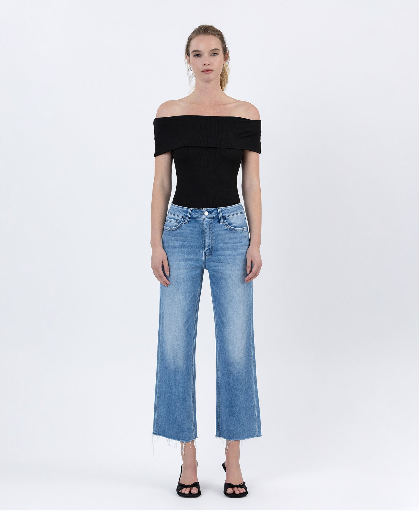 Front product images of Well Balanced - High Rise Raw Hem Crop Slim Wide Leg Jeans