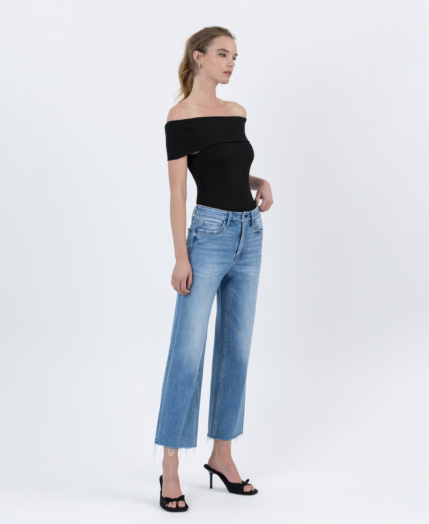 Right 45 degrees product image of Well Balanced - High Rise Raw Hem Crop Slim Wide Leg Jeans