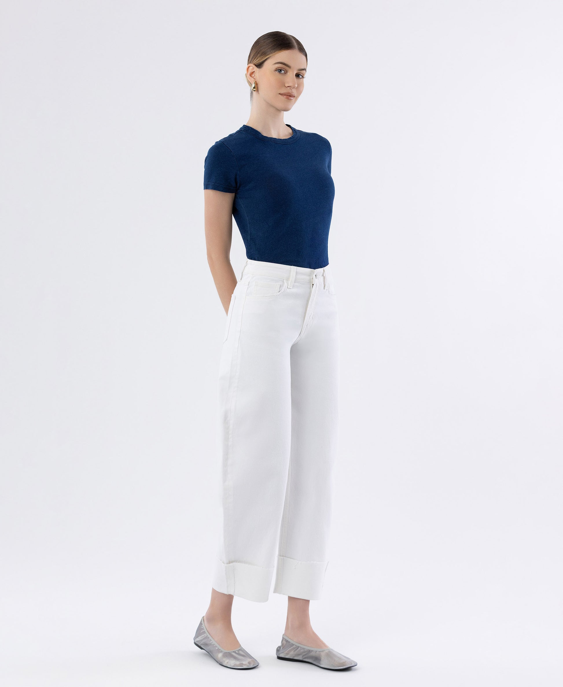 Right 45 degrees product image of Optic White - High Rise Cuffed Crop Barrel Leg Jeans