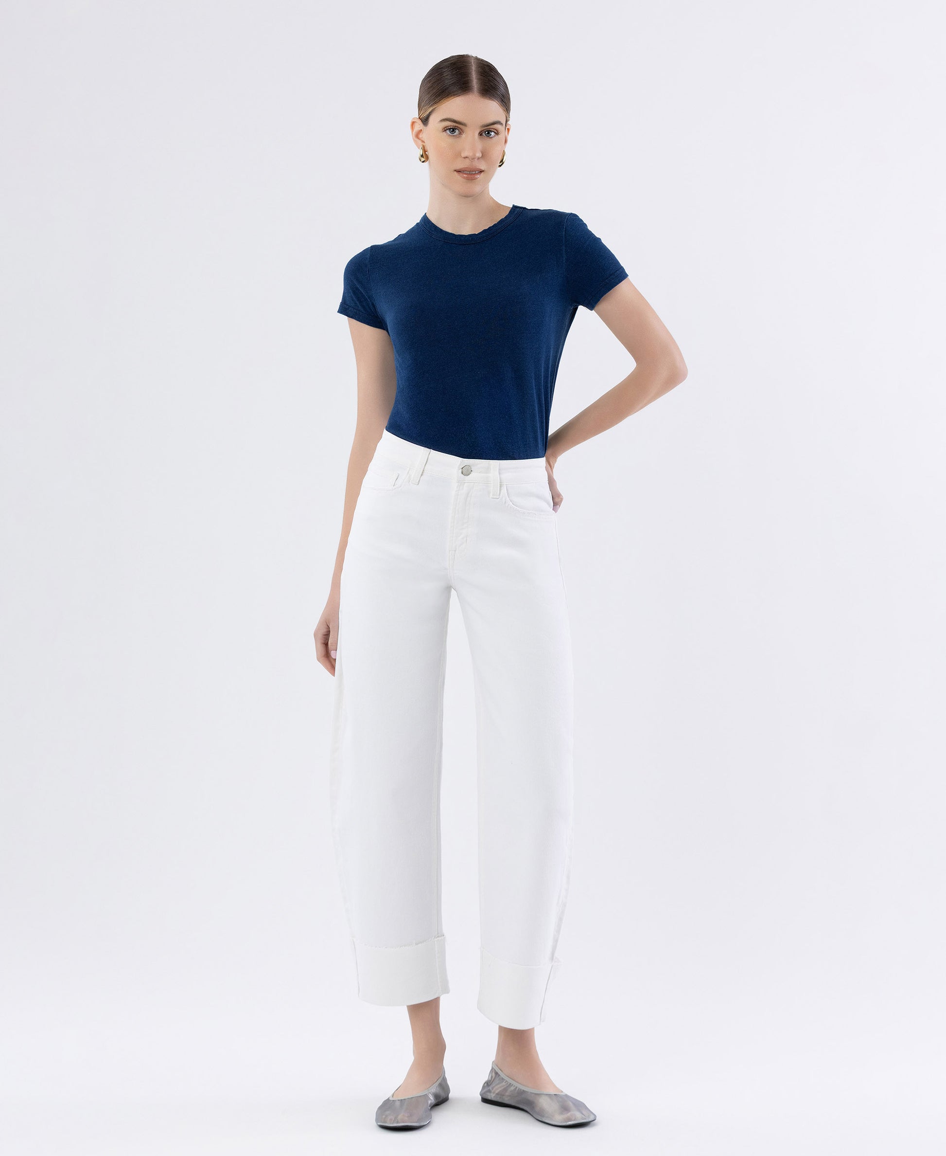 Front product images of Optic White - High Rise Cuffed Crop Barrel Leg Jeans