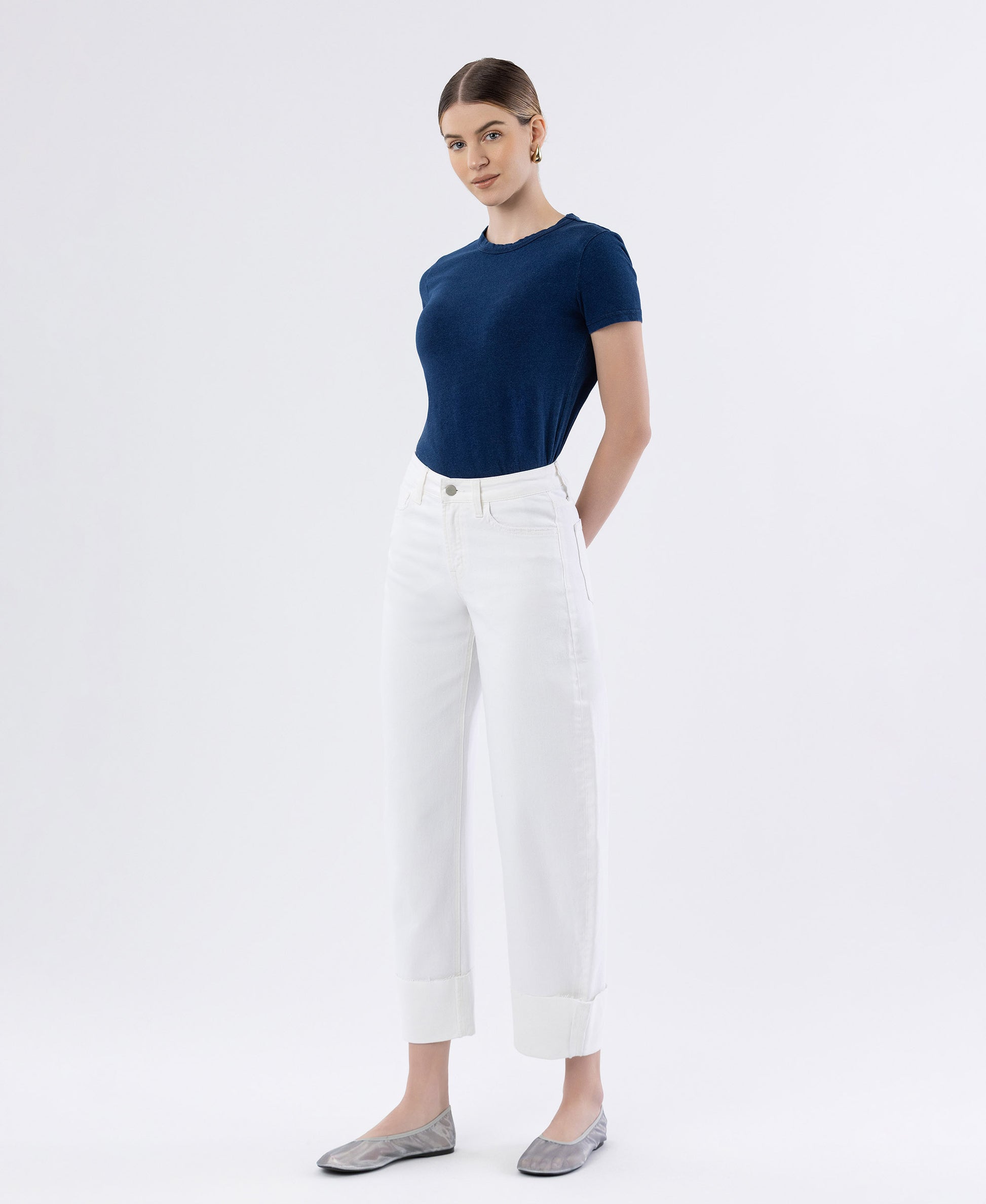 Left 45 degrees product image of Optic White - High Rise Cuffed Crop Barrel Leg Jeans