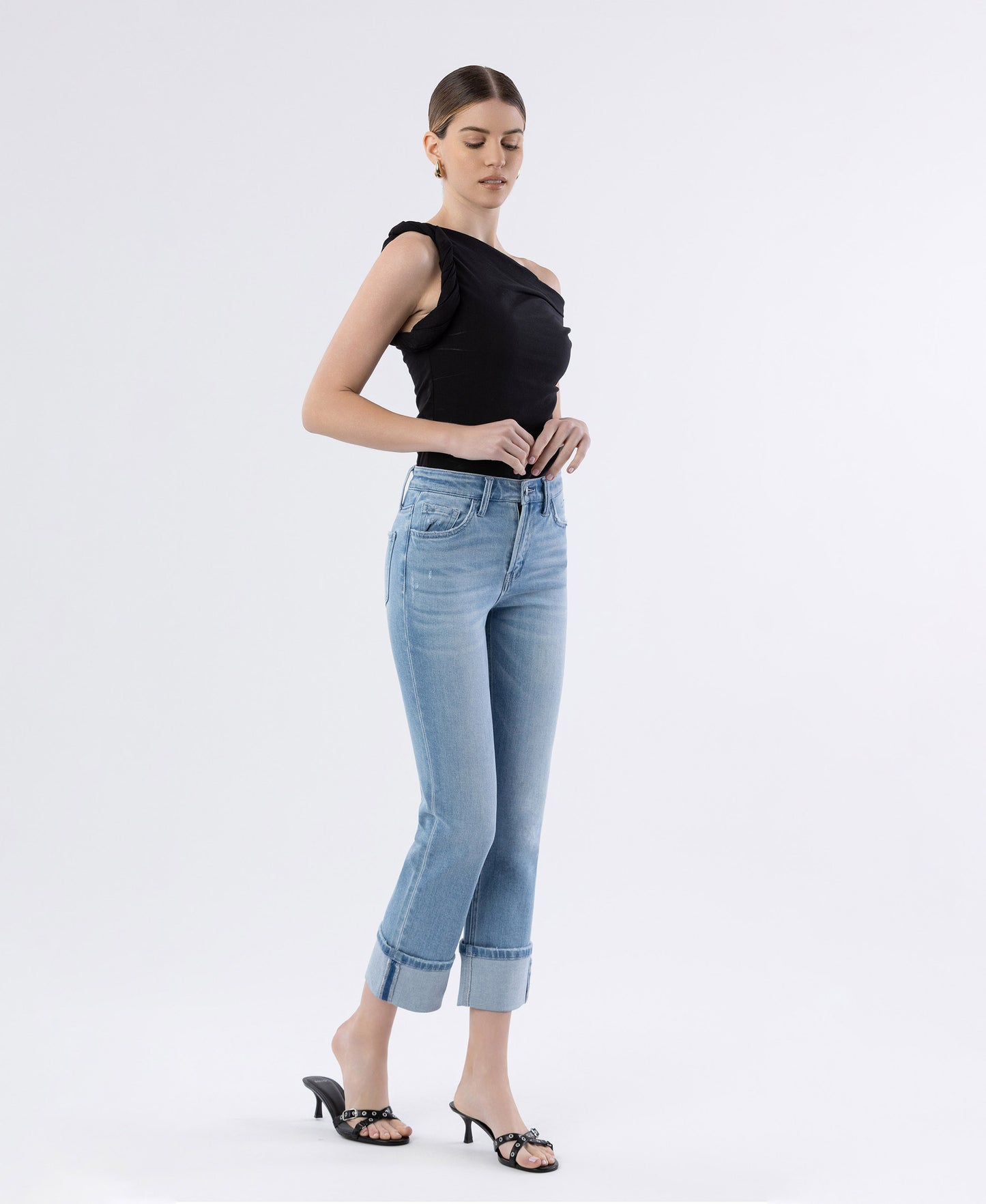 Right 45 degrees product image of Motivated - High Rise Distressed Cuffed Crop Slim Straight Jeans
