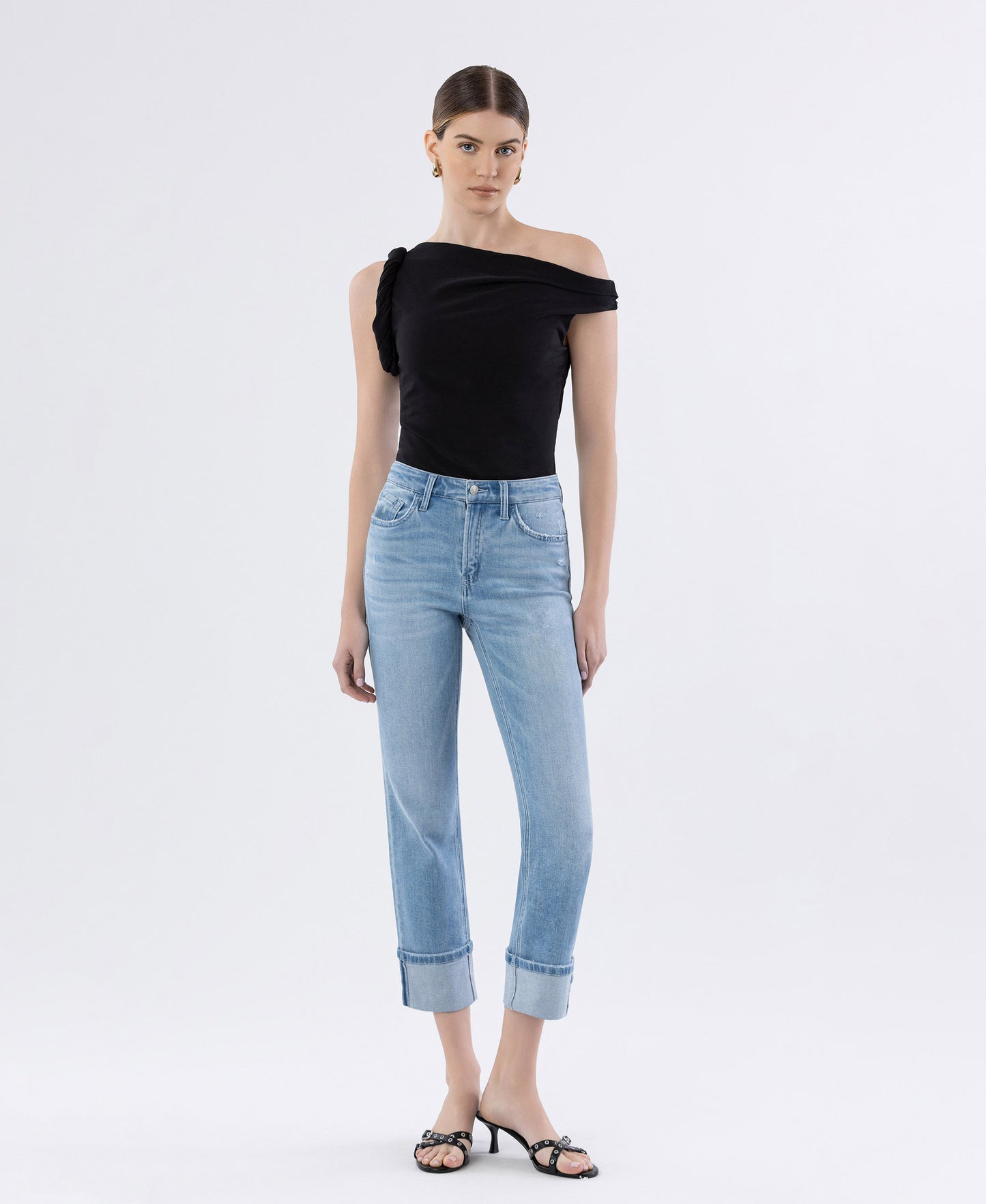Front product images of Motivated - High Rise Distressed Cuffed Crop Slim Straight Jeans