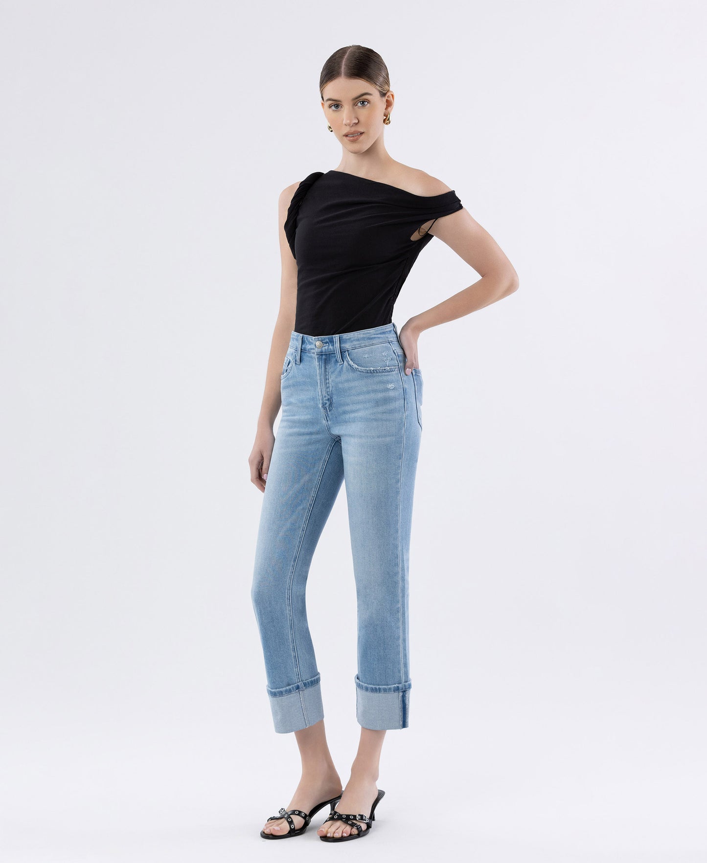 Left 45 degrees product image of Motivated - High Rise Distressed Cuffed Crop Slim Straight Jeans