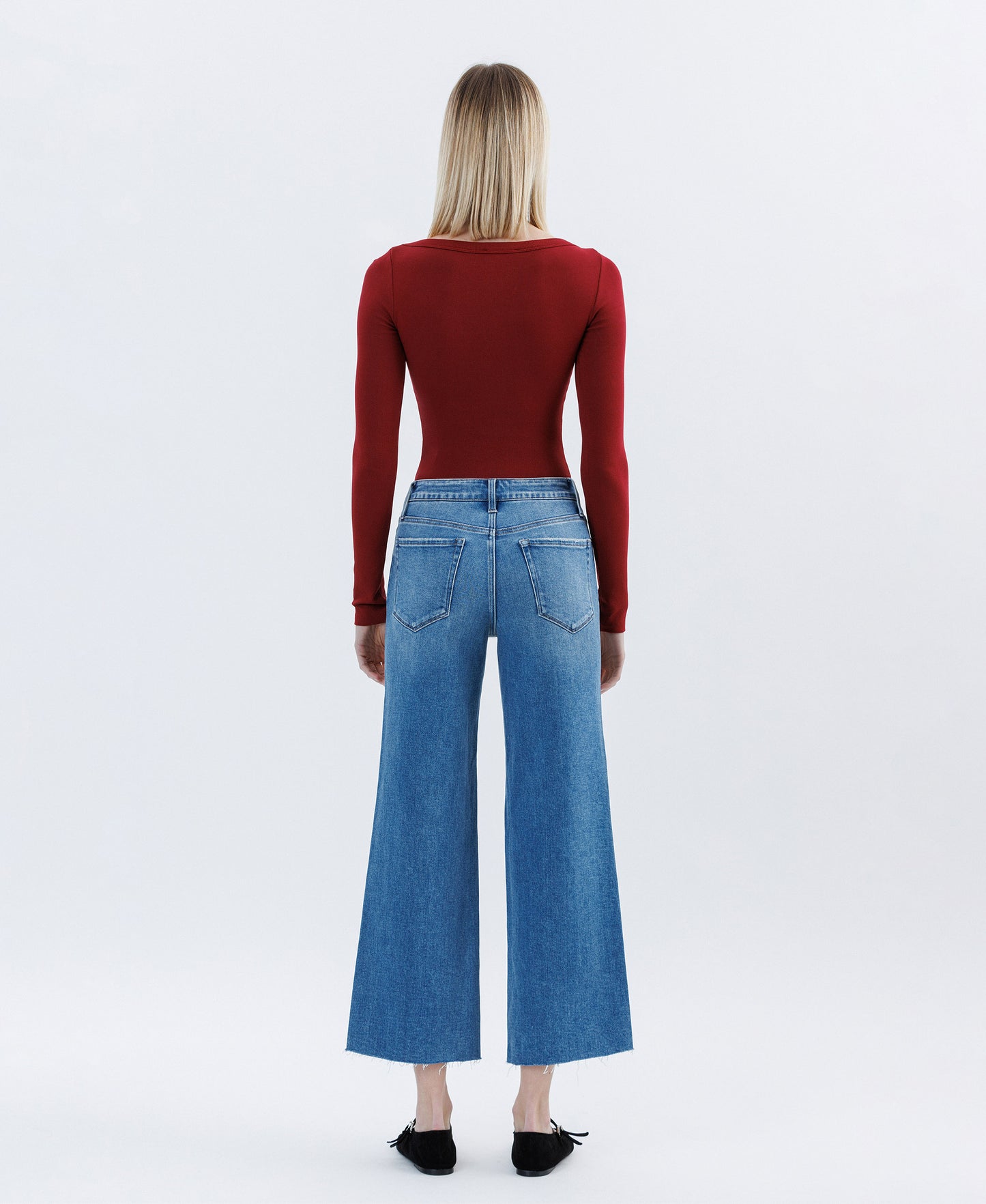 Back product images of Jubilation - High Rise Raw Hem Crop Slim Wide Leg Jeans