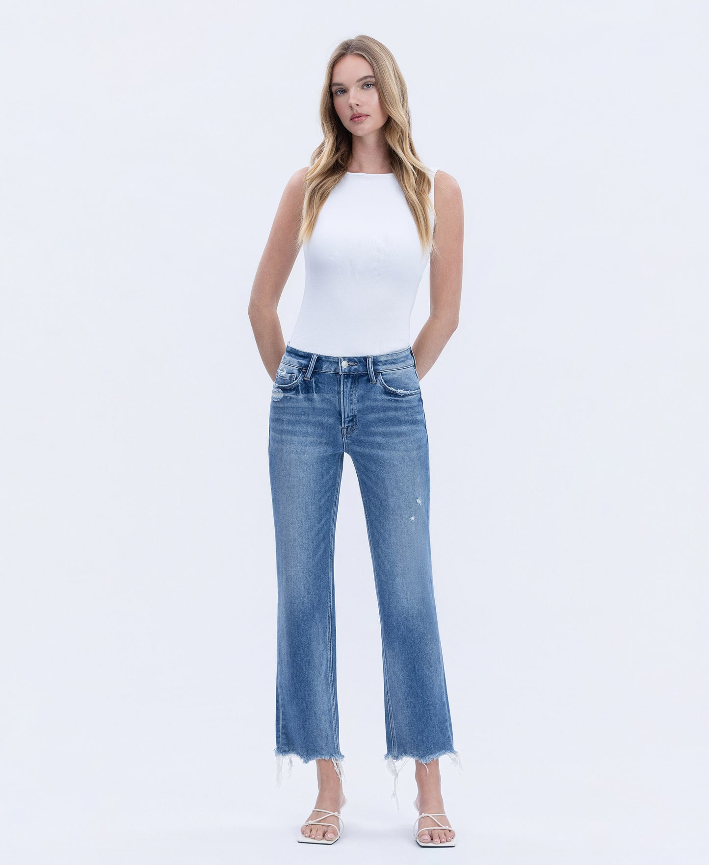 Front product images of Impressive - High Rise Distressed Raw Hem Crop Straight Jeans