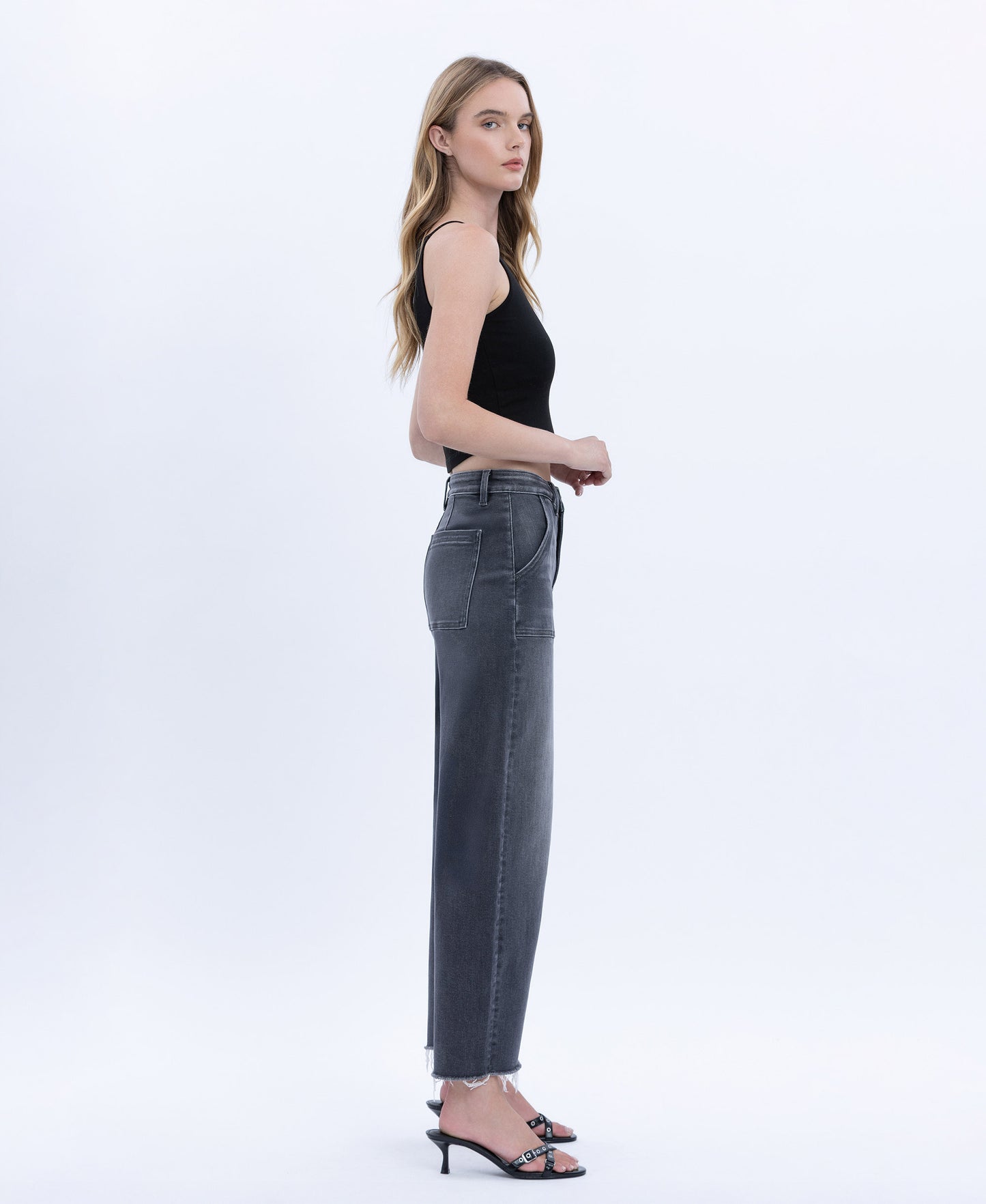 Right side product images of Beachwood - High Rise Raw Hem Crop Utility Barrel Jeans