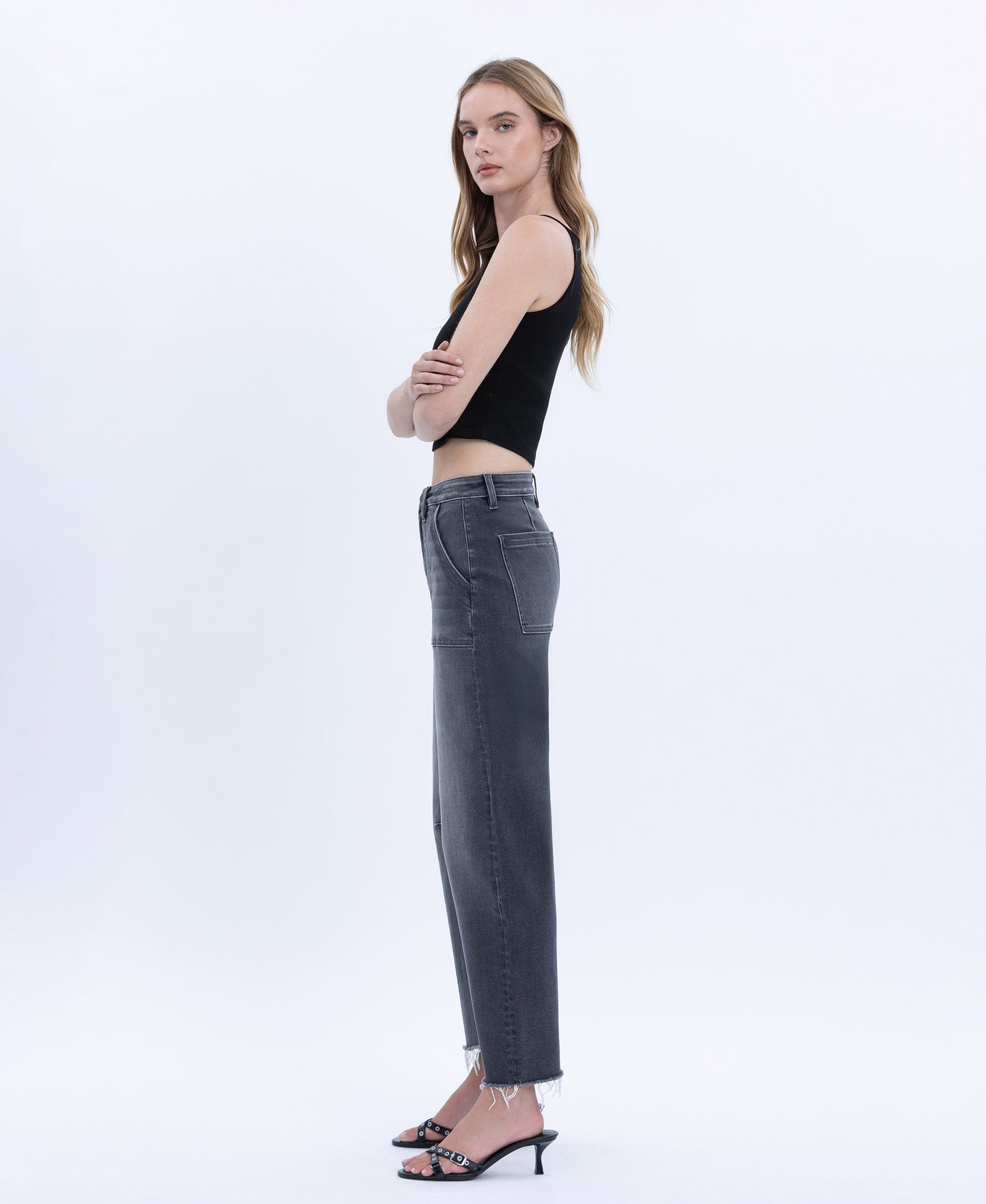 Left side product images of Beachwood - High Rise Raw Hem Crop Utility Barrel Jeans