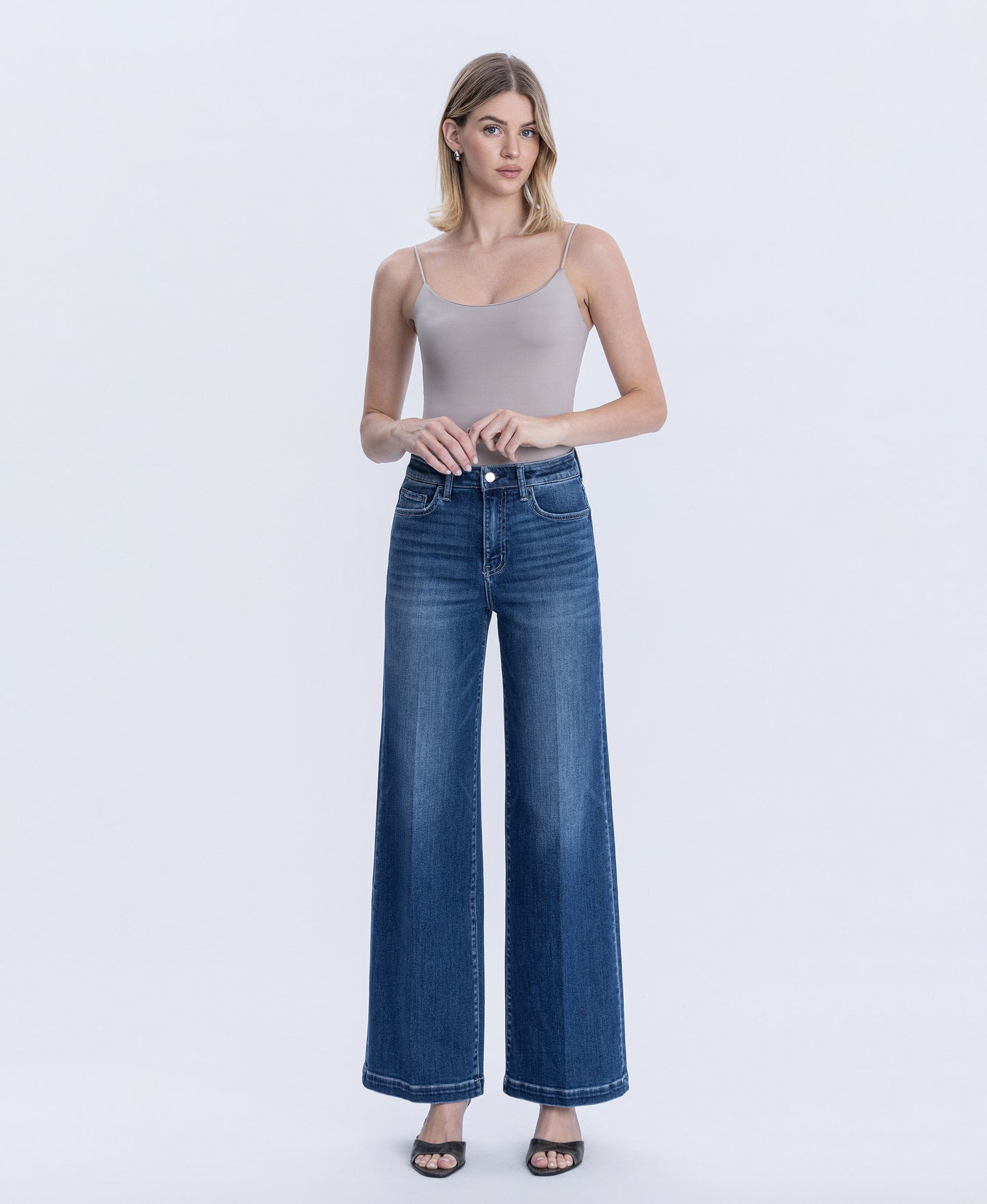 Front product images of Heavenly Aura - Super High Rise Crease Line Detail Wide Leg Jeans