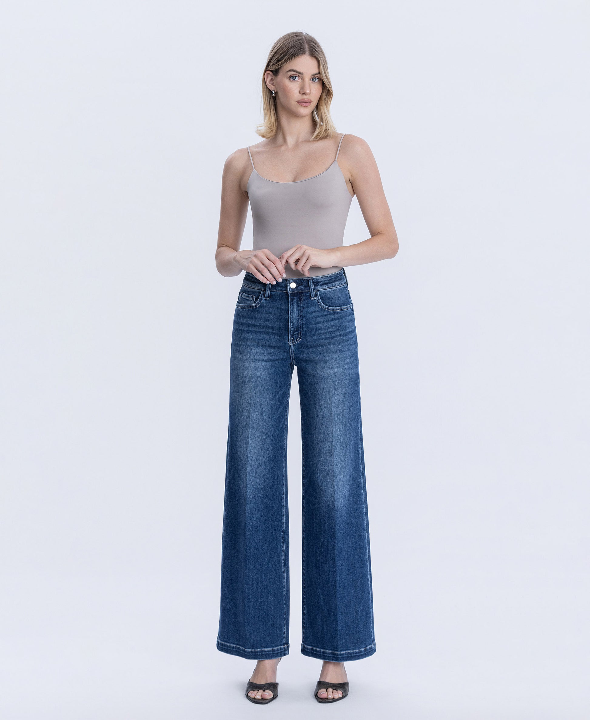 Front product images of Heavenly Aura - Super High Rise Crease Line Detail Wide Leg Jeans
