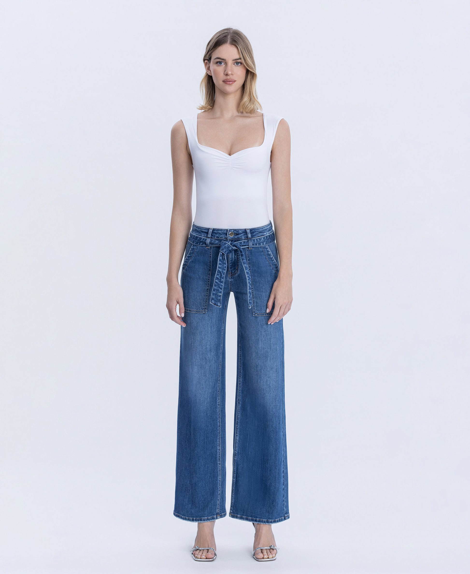 Front product images of Pure Zephyr - High Rise Waist Tie Patch Pocket Wide Leg Jeans