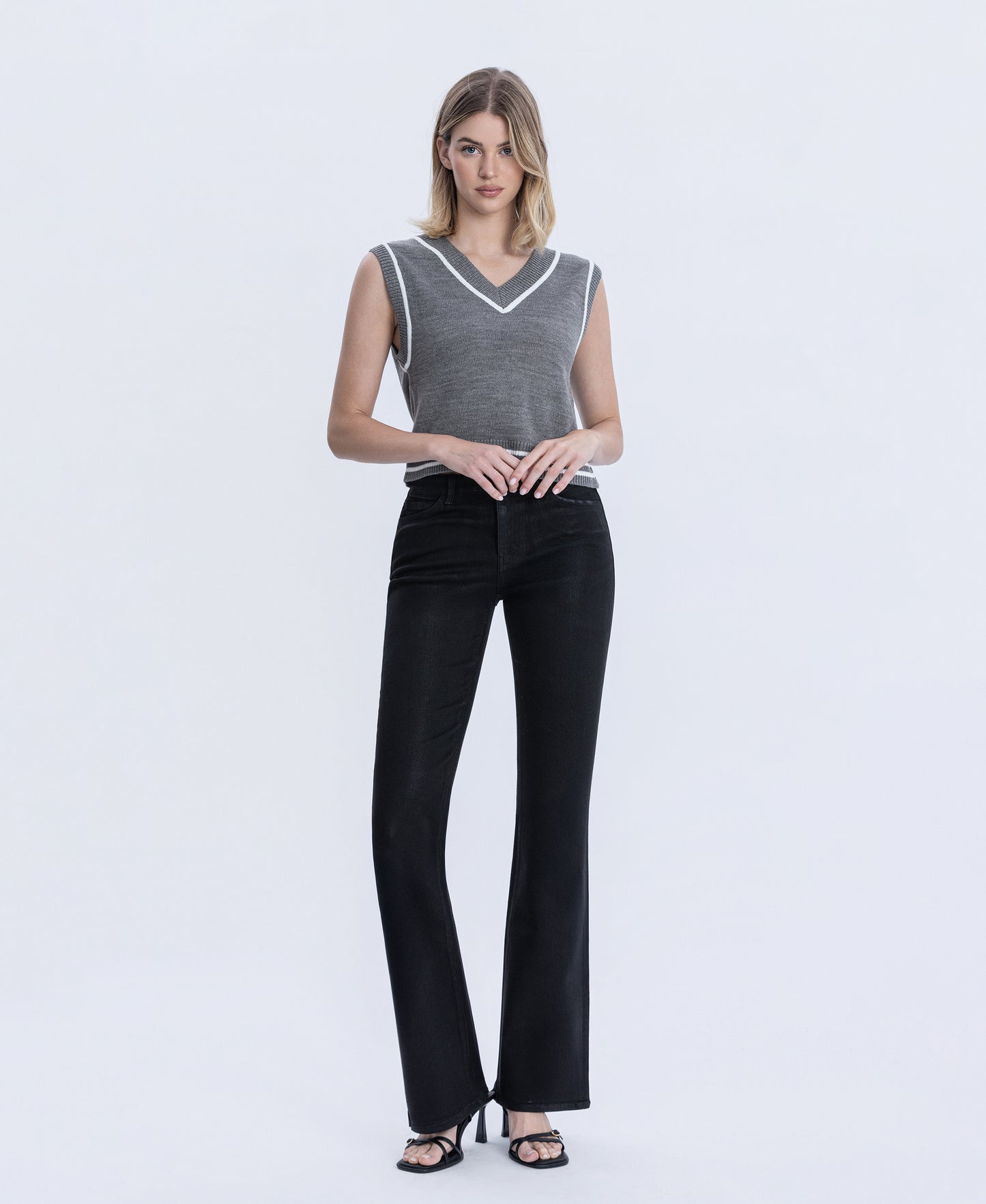 Front product images of Black - High Rise Full Length Coated Bootcut Jeans