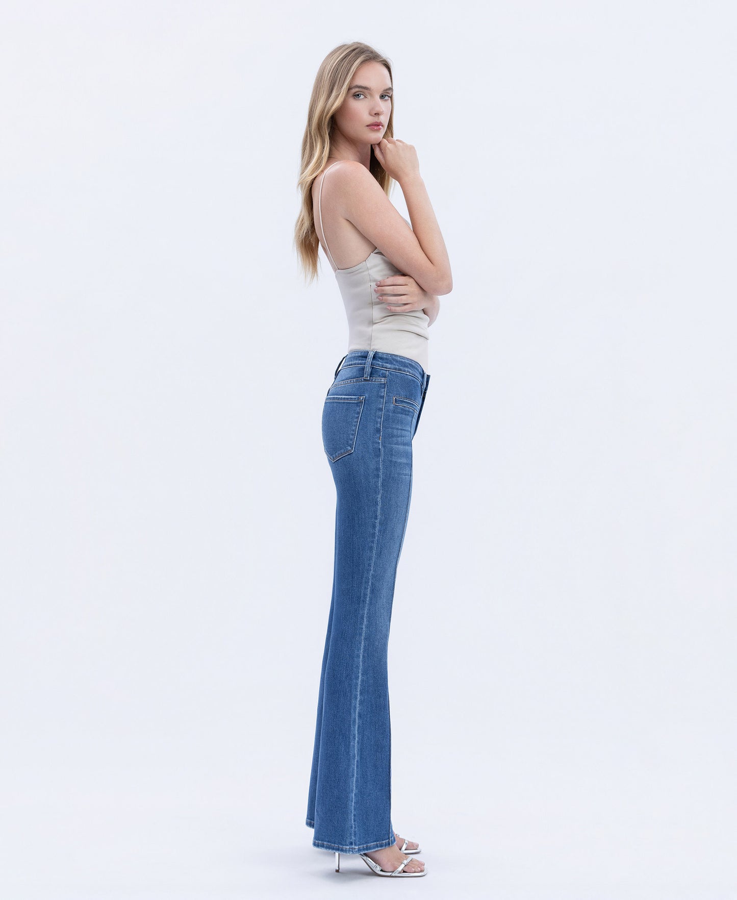 Right side product images of Inspiring - Mid Rise Welt Pocket Pin Tuck Flare Jeans
