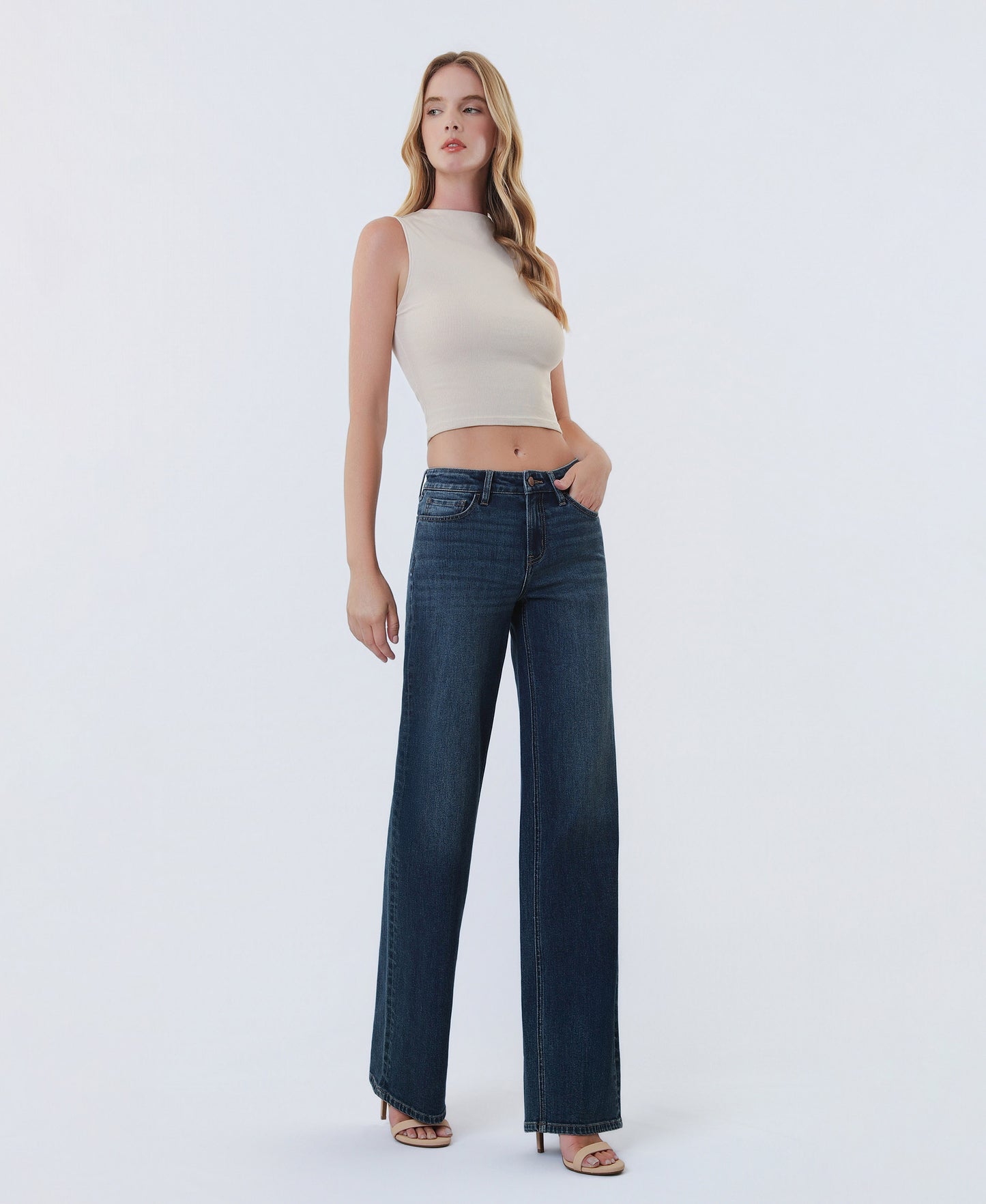 Right 45 degrees product image of Spellbound - Mid Rise Full Length Wide Leg Jeans