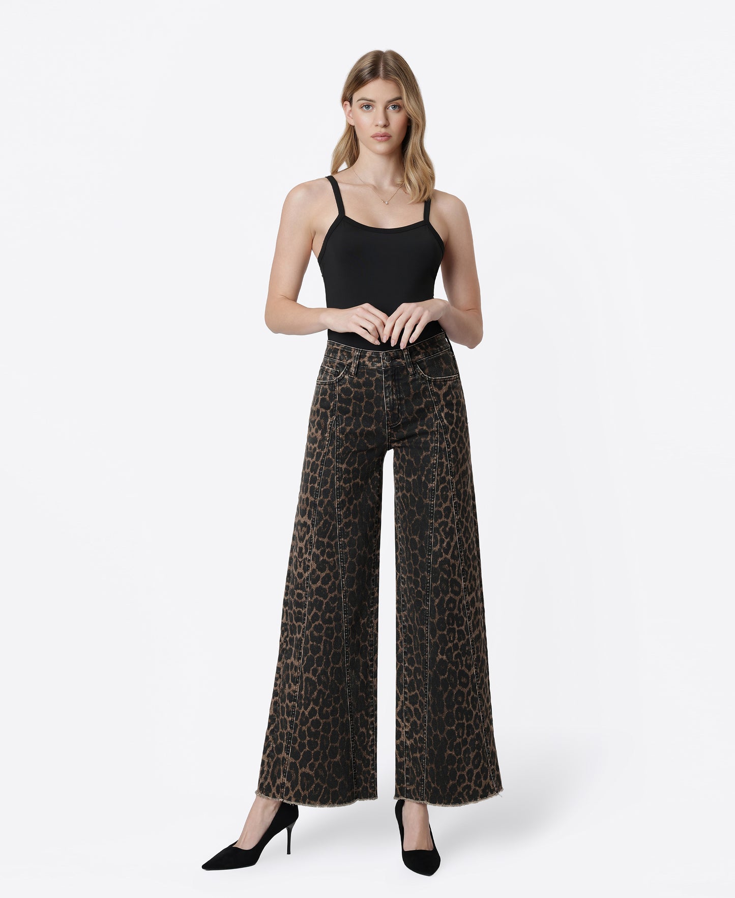 Front product images of Leopard - High Rise Raw Hem Extreme Wide Leg Jeans