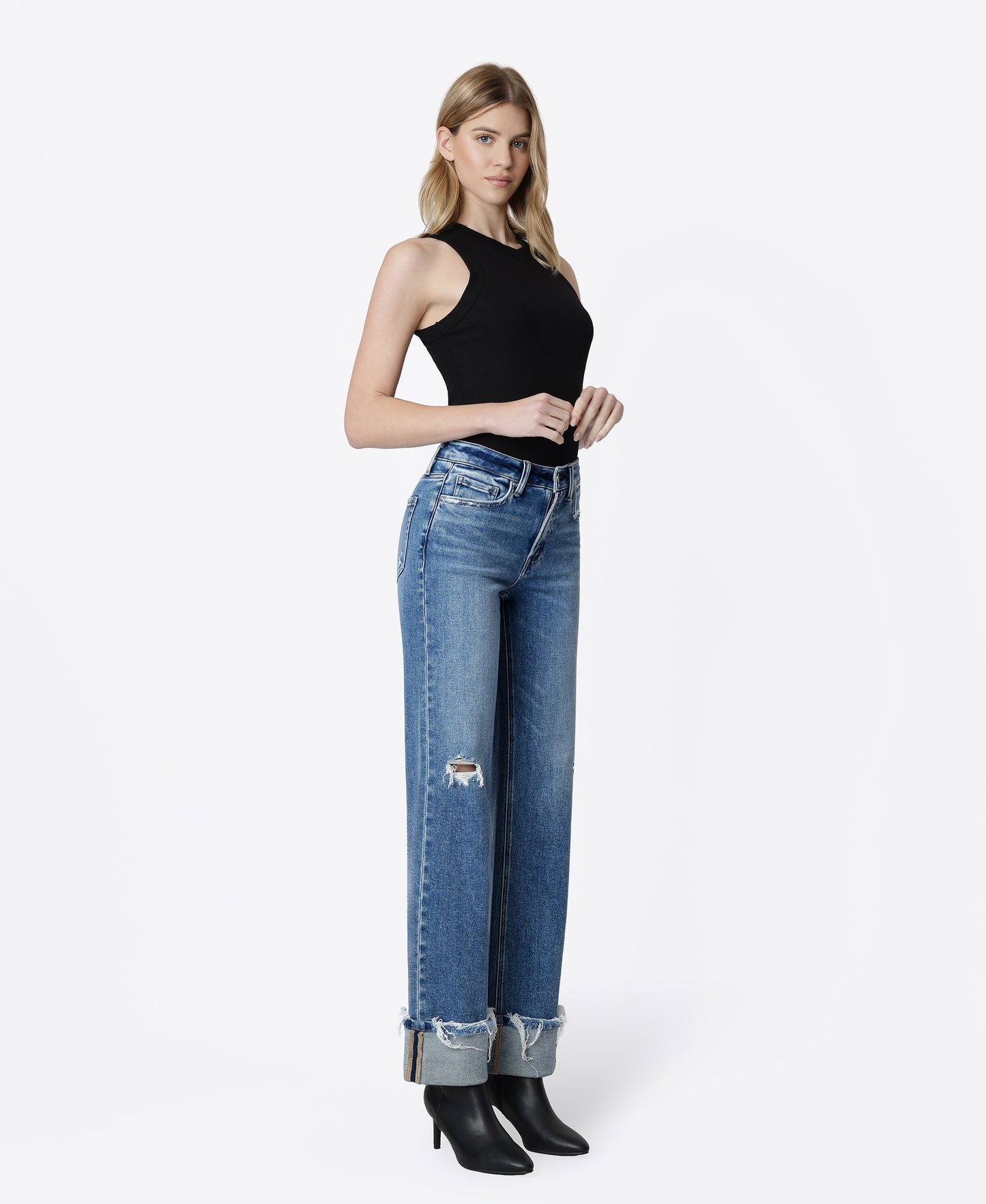 Right 45 degrees product image of Fascinating - High Rise Distressed Cuffed Slim Wide Leg Jeans