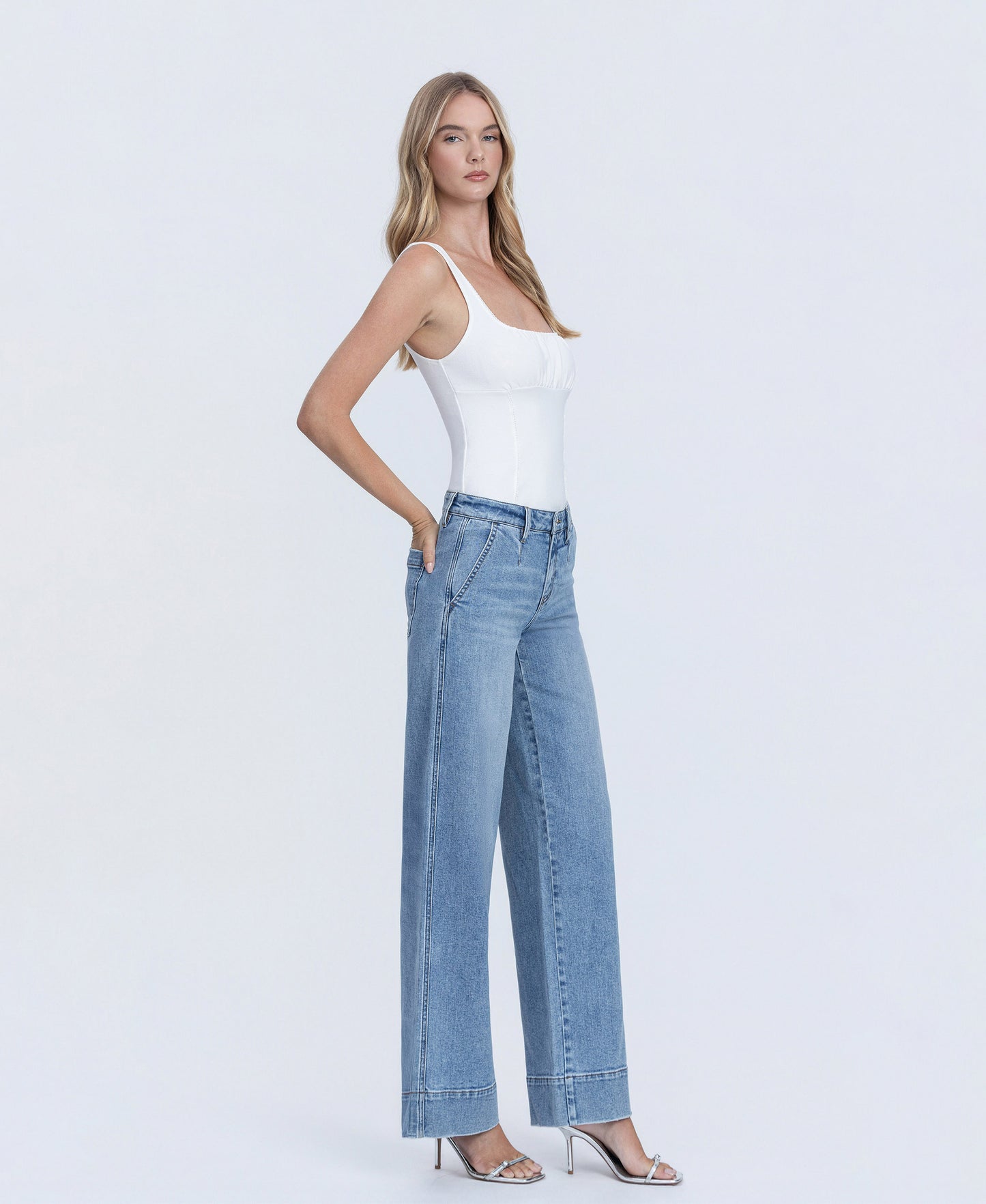 Right 45 degrees product image of Understanding - Mid Rise Trouser Hem Wide Leg Jeans With Darts