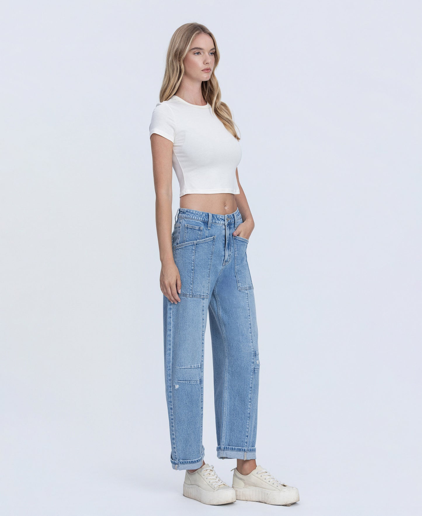 Right 45 degrees product image of Full Of Beans - Super High Rise Patch Pocket Cuffed Barrel Jeans