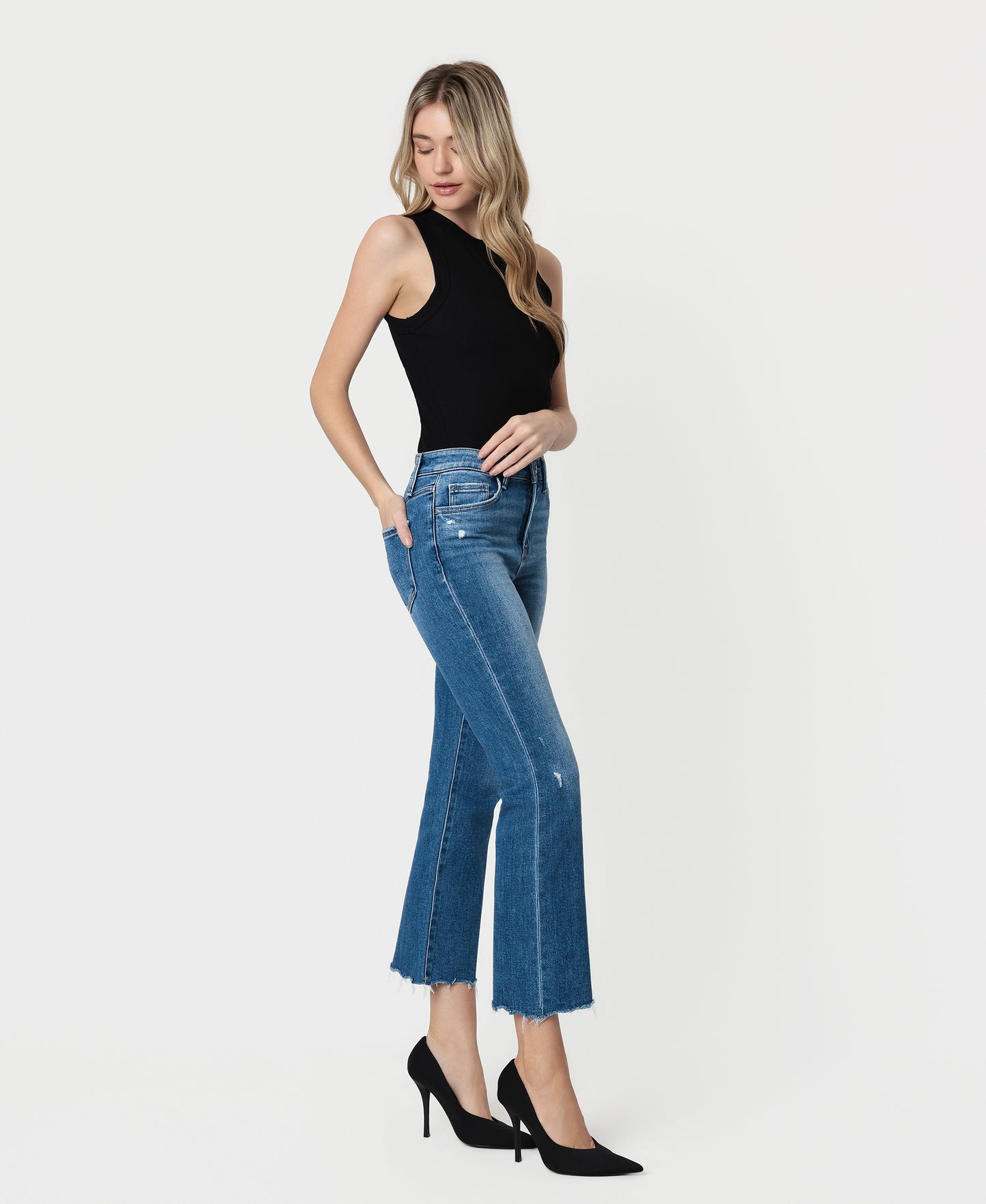 Right 45 degrees product image of Phenomenal - High Rise Raw Distressed Hem Kick Flare Jeans