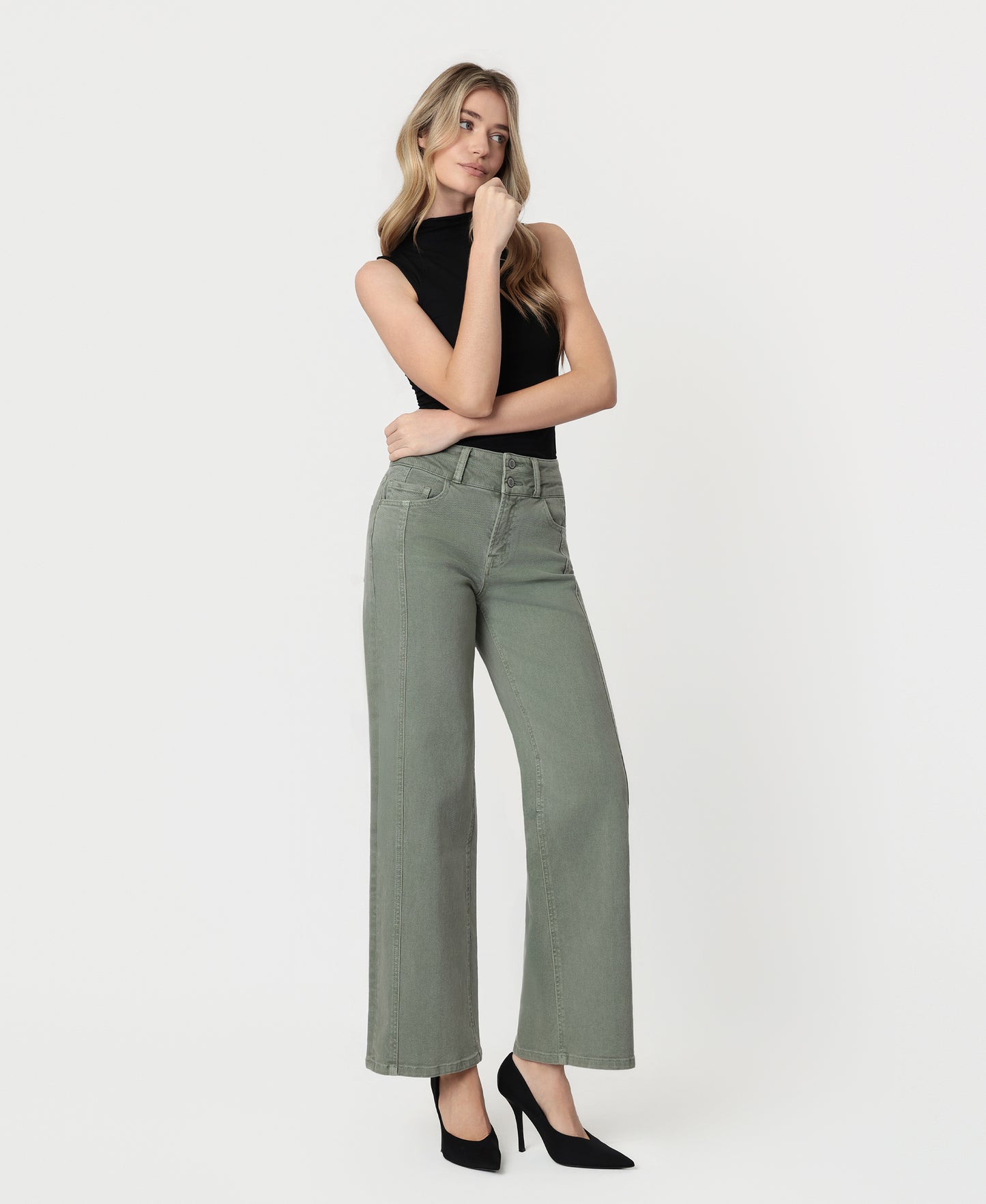 Right 45 degrees product image of Sage Green - Super High Rise Double WB 2 Buttons Wide Leg Jeans