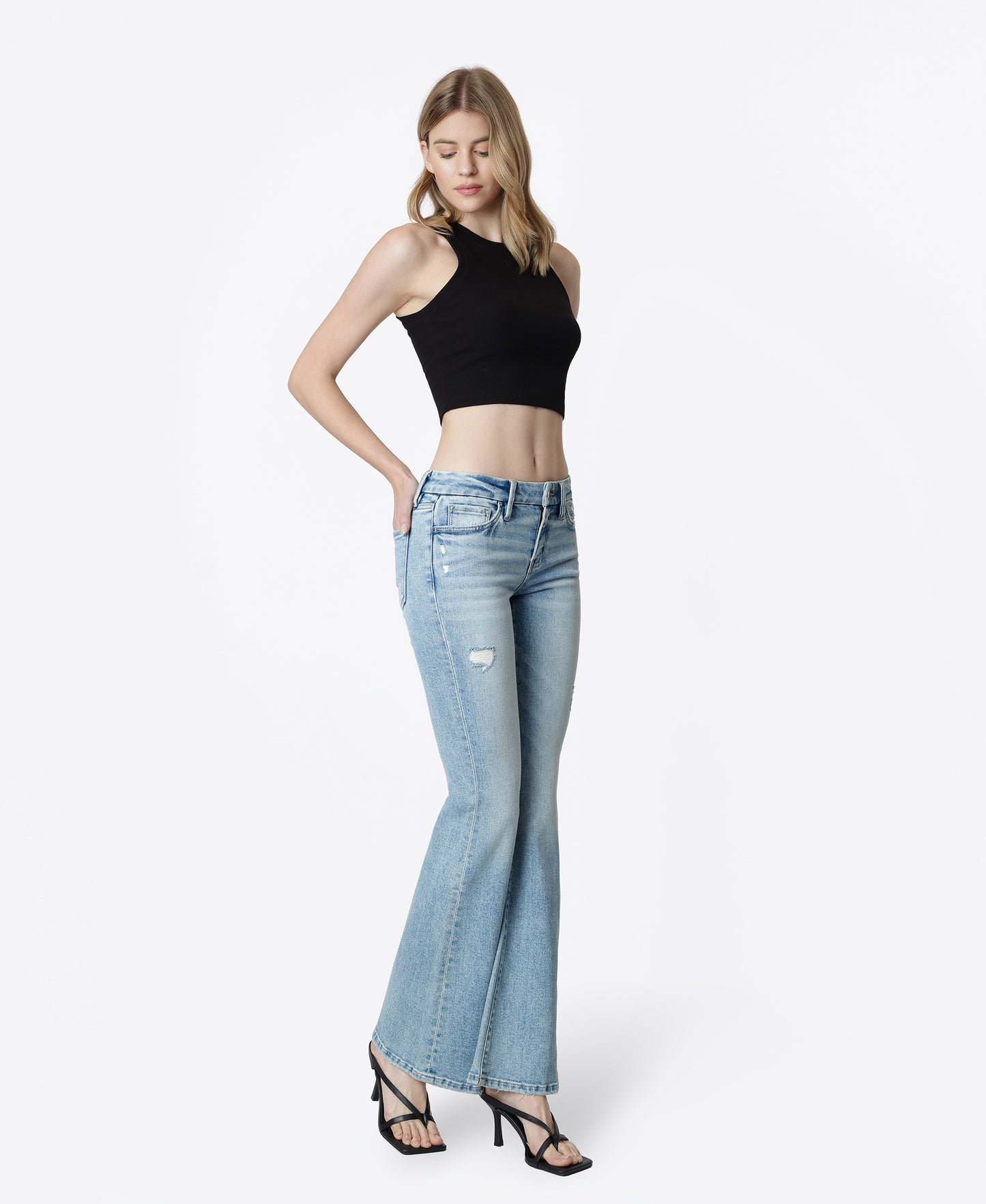 Right 45 degrees product image of Outperforms - Low Rise Seamless Waistband Flare Jeans
