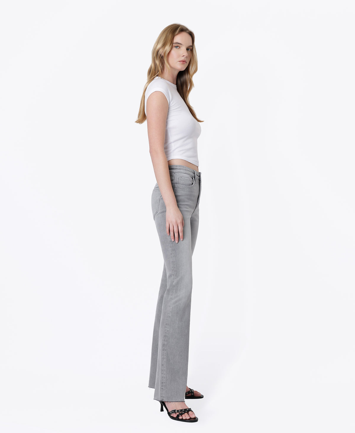 Right 45 degrees product image of Grey - High Rise Clean Cut Raw Hem Bootcut Jeans
