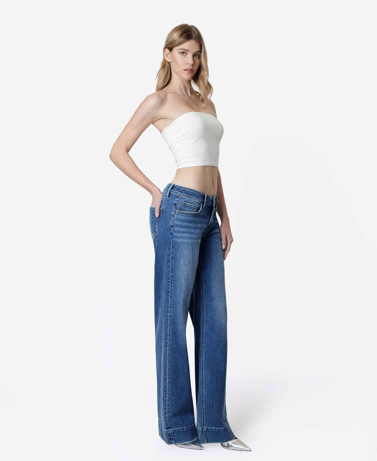 Right 45 degrees product image of Resound - Low Rise Trouser Hem Wide Leg Jeans