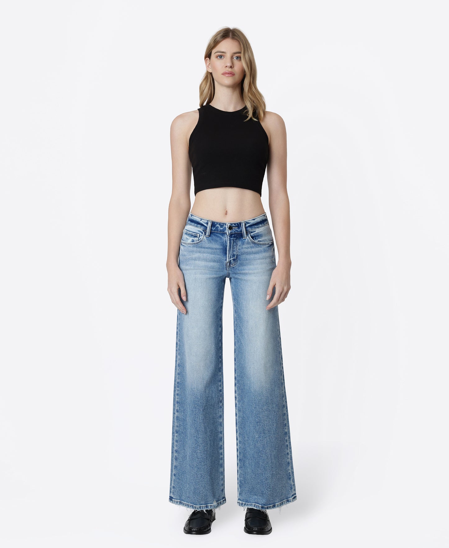 Front product images of Fine - Mid Rise Full Length Wide Leg Jeans