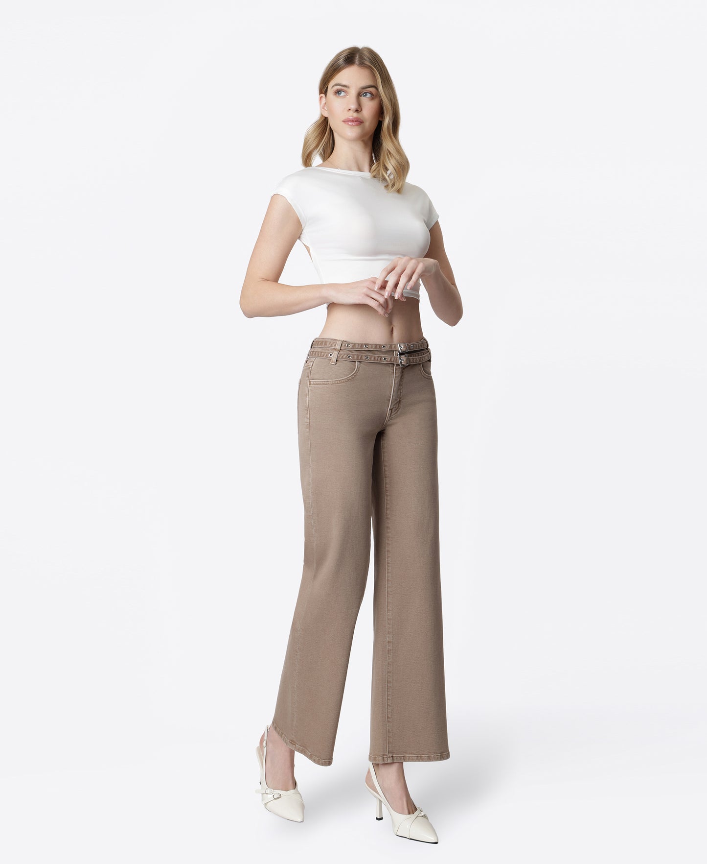 Right 45 degrees product image of Mocha - Low Rise Double Belted Wide Leg Jeans