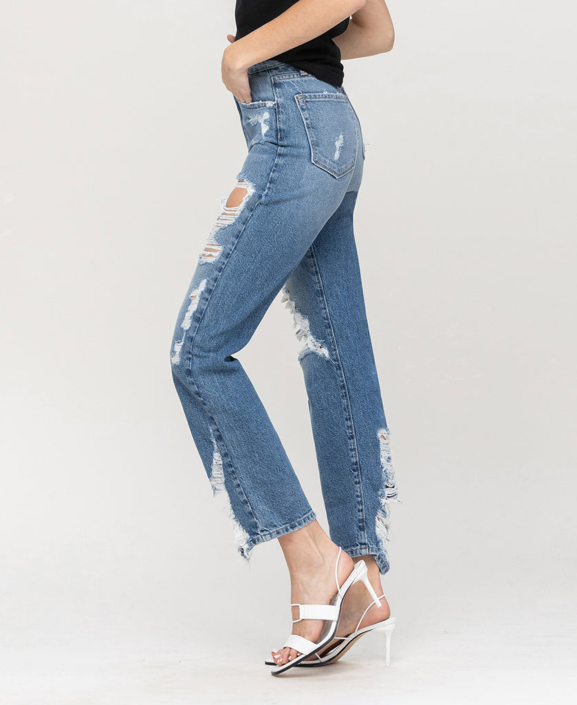 Left side product images of Goodbye - Super High Rise Tattered Ankle Straight Jeans