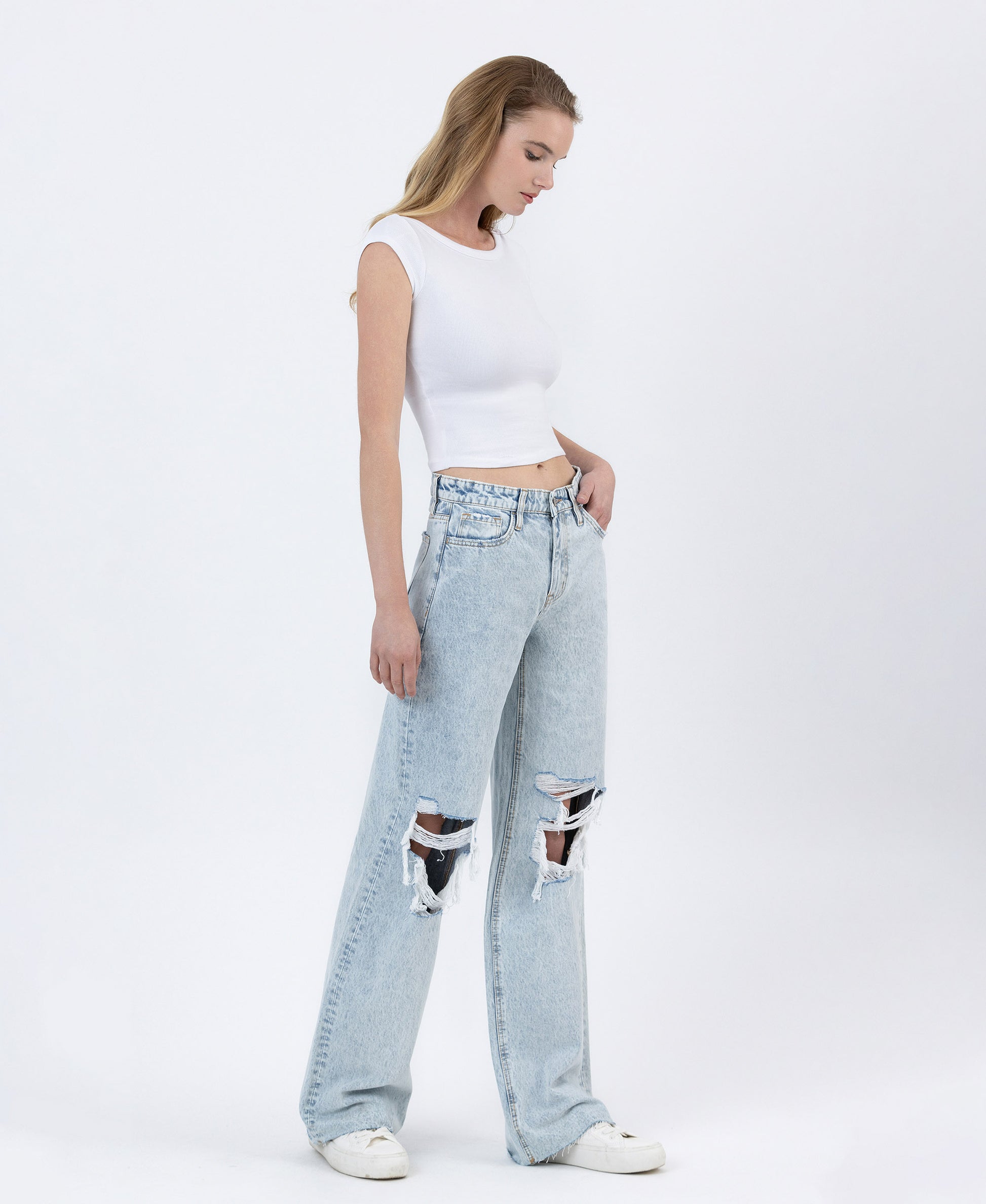Right 45 degrees product image of Rejoicer - High Rise Distressed Long Baggy Wide Leg Jeans