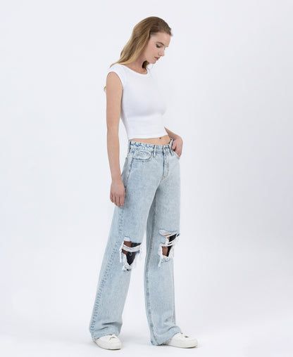 Right 45 degrees product image of Rejoicer - High Rise Distressed Long Baggy Wide Leg Jeans