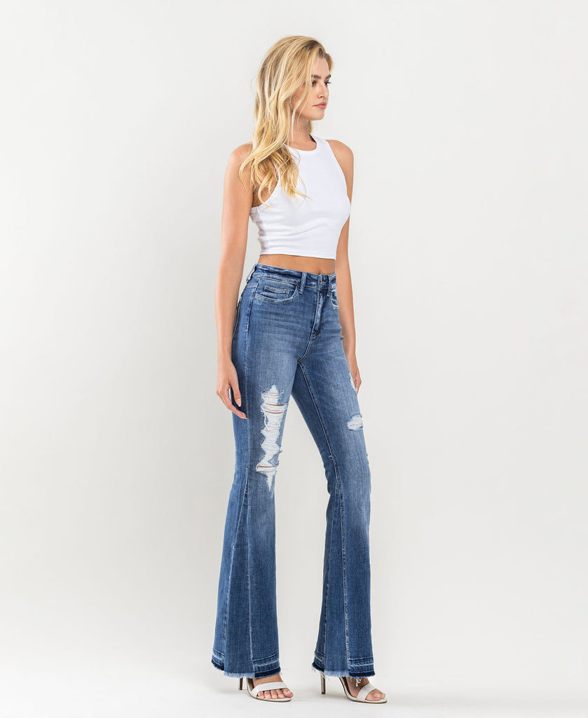 Right 45 degrees product image of Farewell - High Rise Distressed Insert Panel Released Hem Flare Jeans