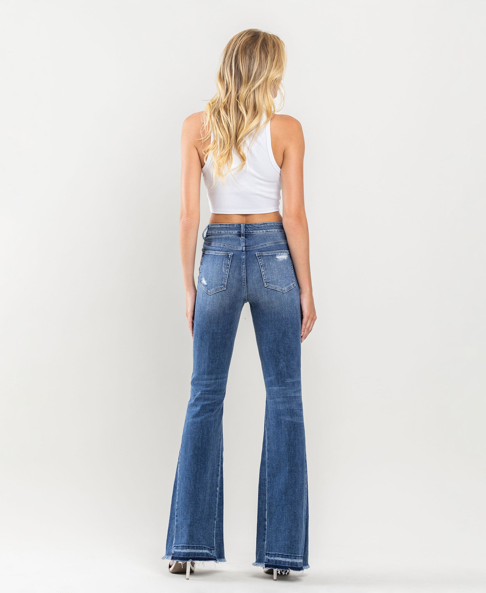 Back product images of Farewell - High Rise Distressed Insert Panel Released Hem Flare Jeans