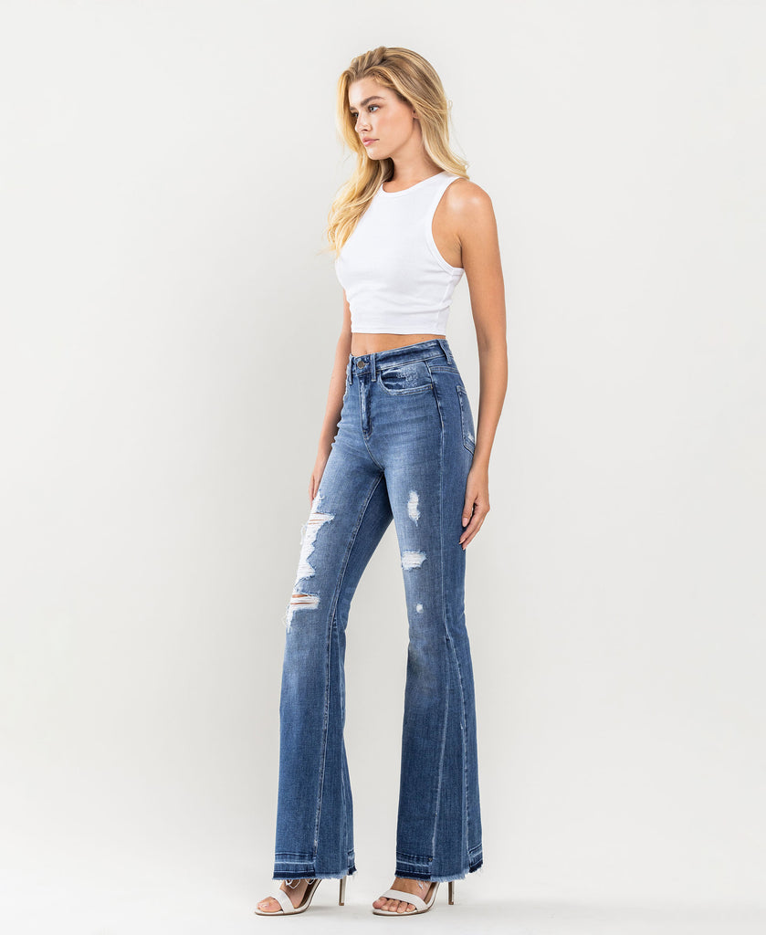 Left 45 degrees product image of Farewell - High Rise Distressed Insert Panel Released Hem Flare Jeans