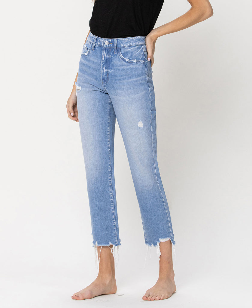 Left 45 degrees product image of Angie - High Rise Vintage Straight Denim Jeans Crop with Distressed He Left 45 degrees product image of 