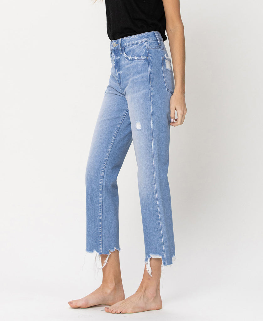 Left side product images of Angie - High Rise Vintage Straight Denim Jeans Crop with Distressed Hem