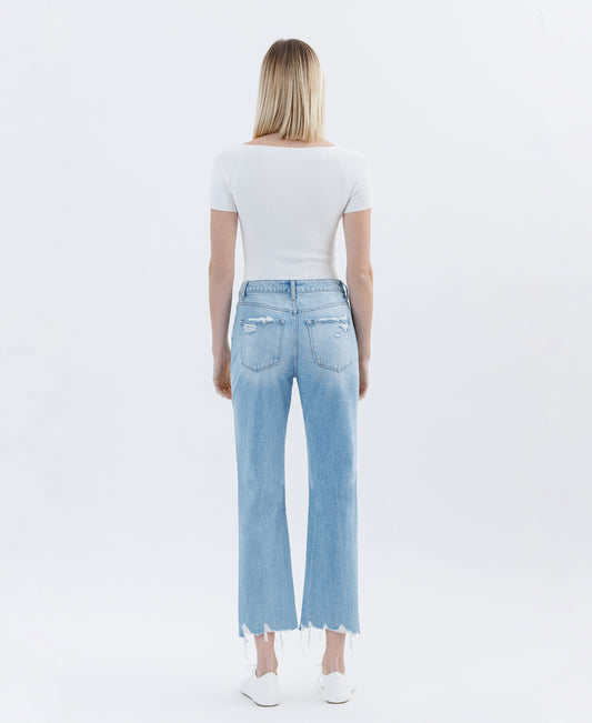 Back product images of Angie - High Rise Vintage Straight Denim Jeans Crop with Distressed Hem