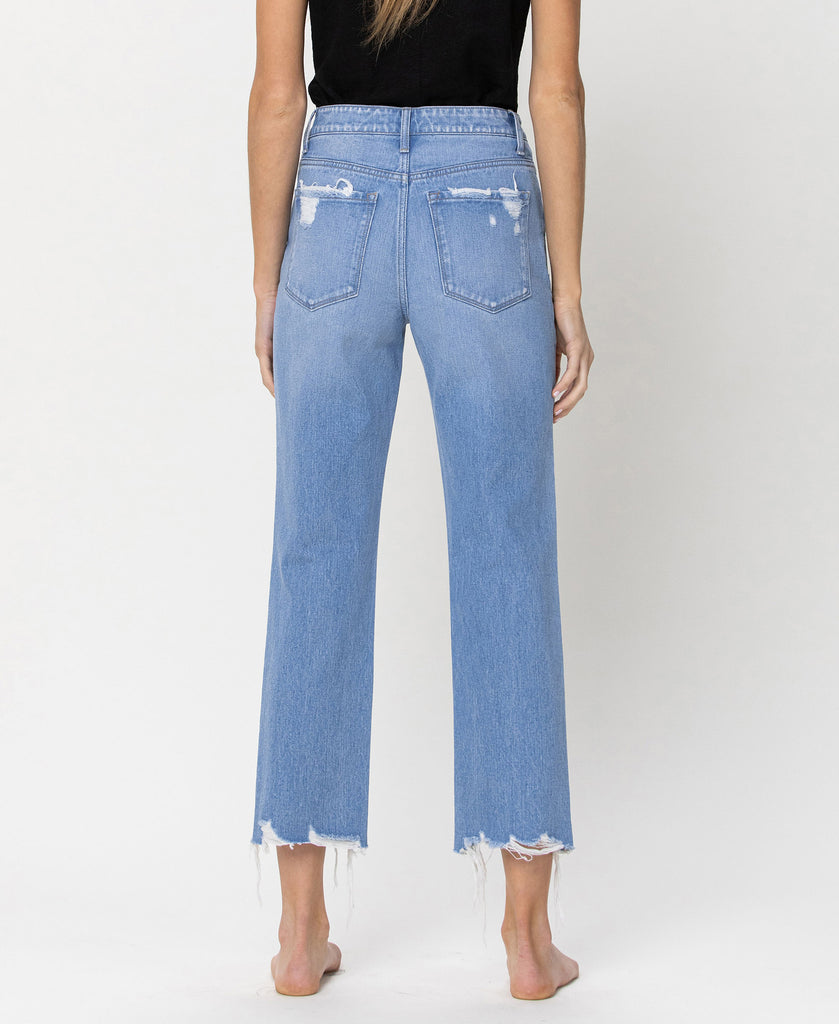 Back product images of Angie - High Rise Vintage Straight Denim Jeans Crop with Distressed Hem