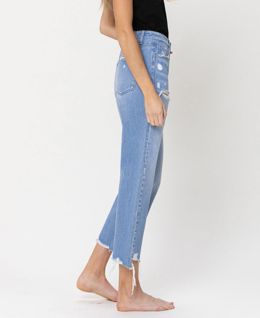 Right side product images of Angie - High Rise Vintage Straight Denim Jeans Crop with Distressed Hem