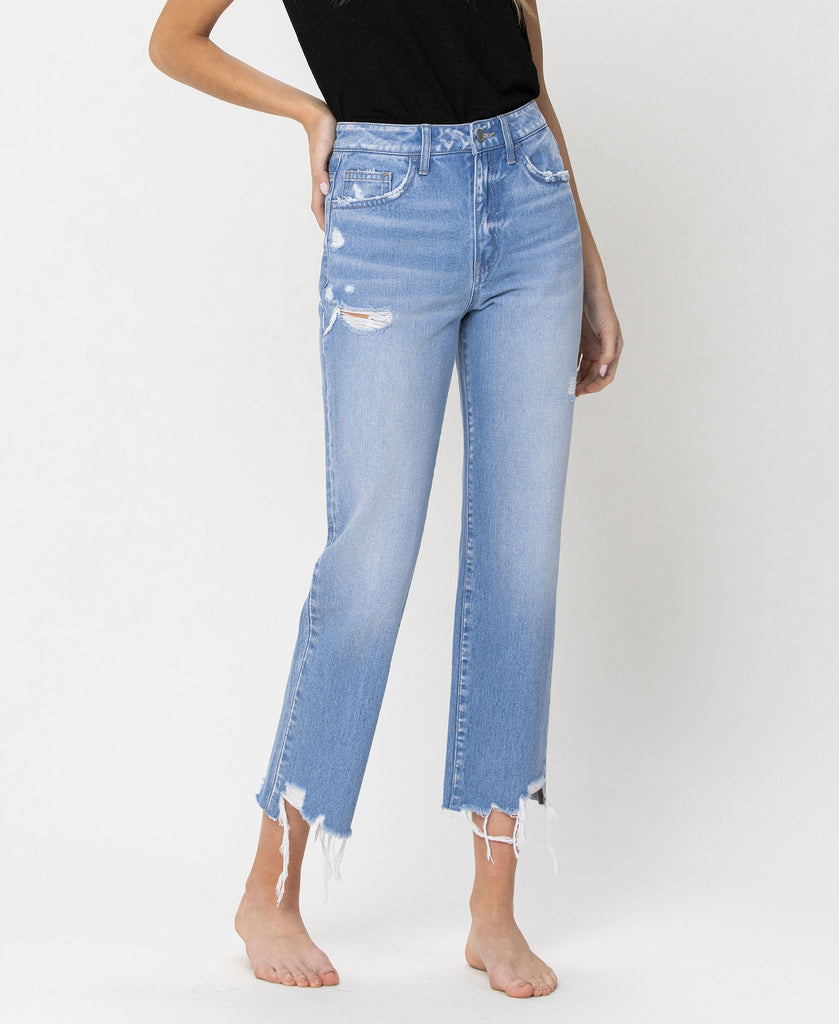 Right 45 degrees product image ofAngie - High Rise Vintage Straight Denim Jeans Crop with Distressed Hem